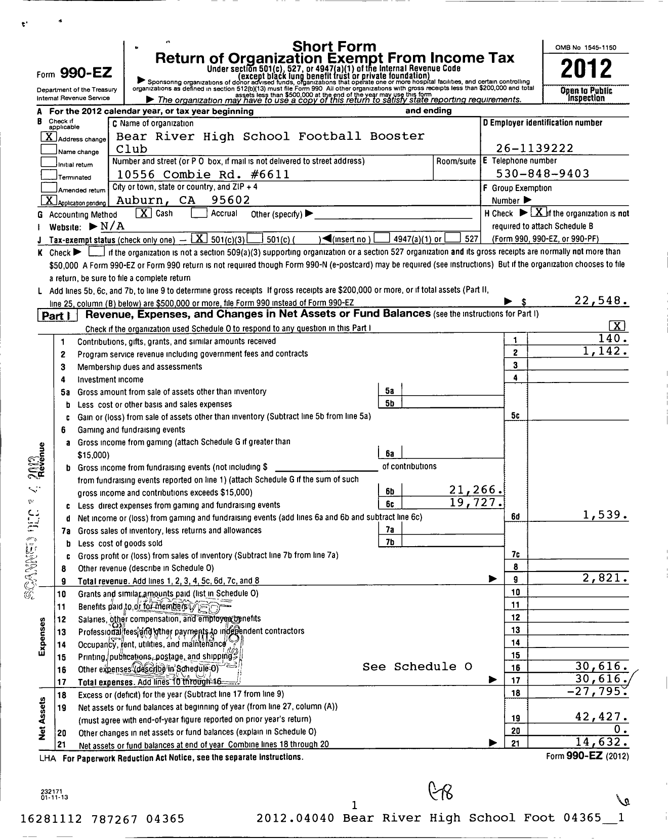 Image of first page of 2012 Form 990EZ for Bear River High School Football Booster Club