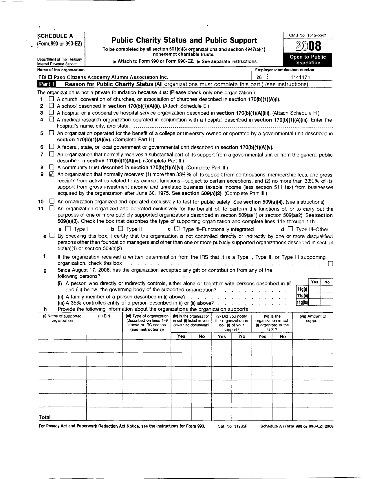 Image of first page of 2008 Form 990ER for Fbi El Paso Citizens Academy Alumni Association