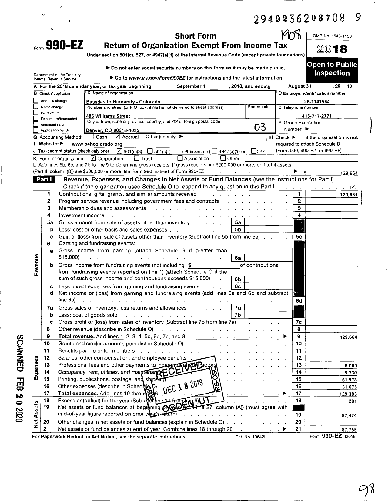 Image of first page of 2018 Form 990EZ for Bicycles for Humanity - Colorado