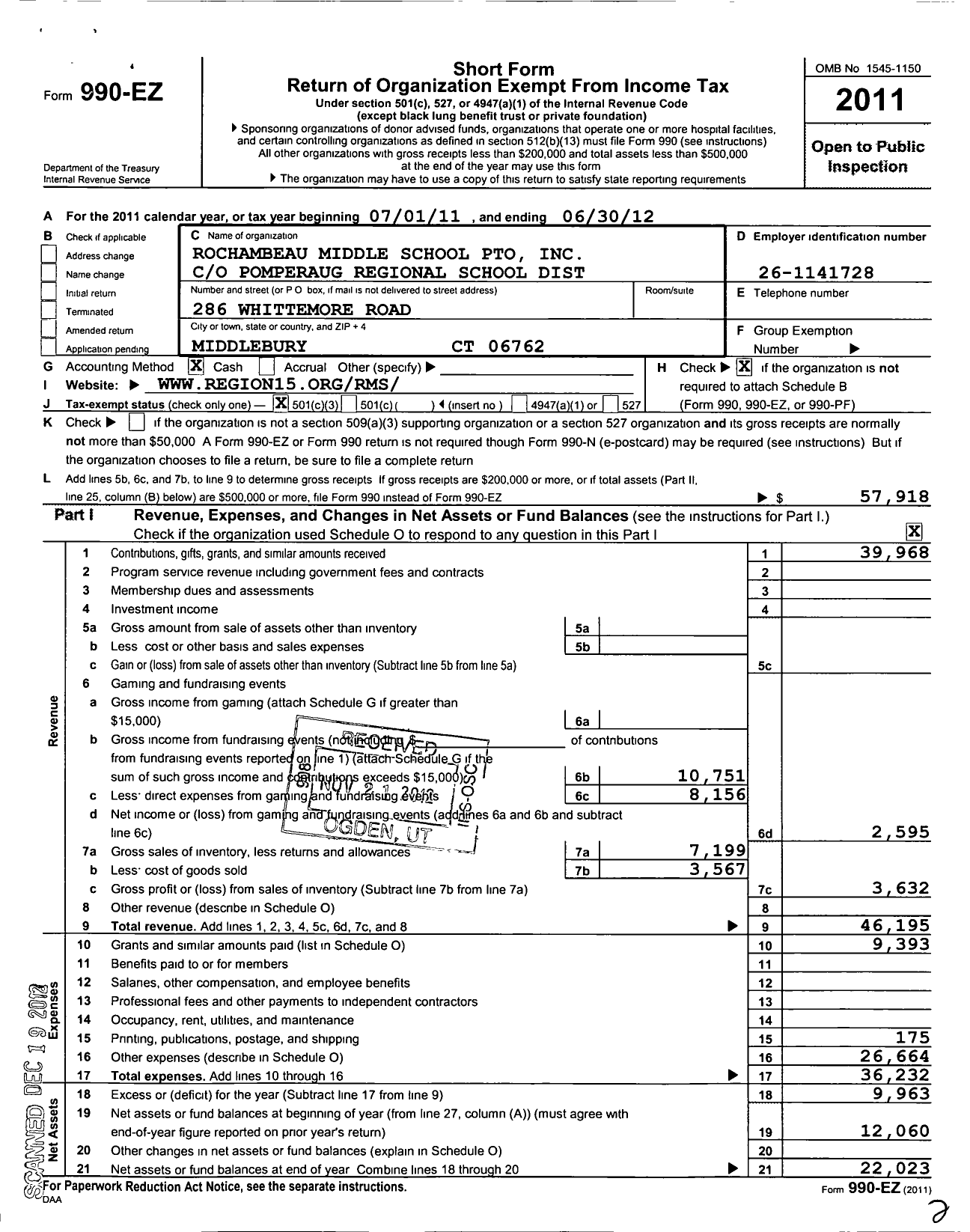 Image of first page of 2011 Form 990EZ for Rochambeau Middle School Pto