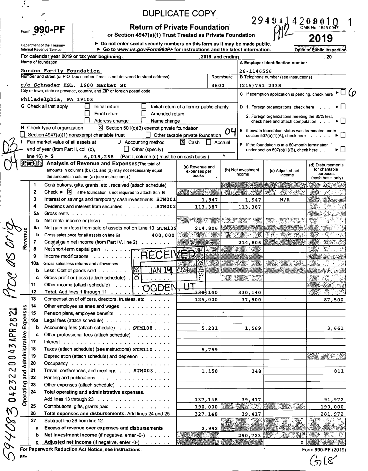 Image of first page of 2019 Form 990PF for Gordon Family Foundation