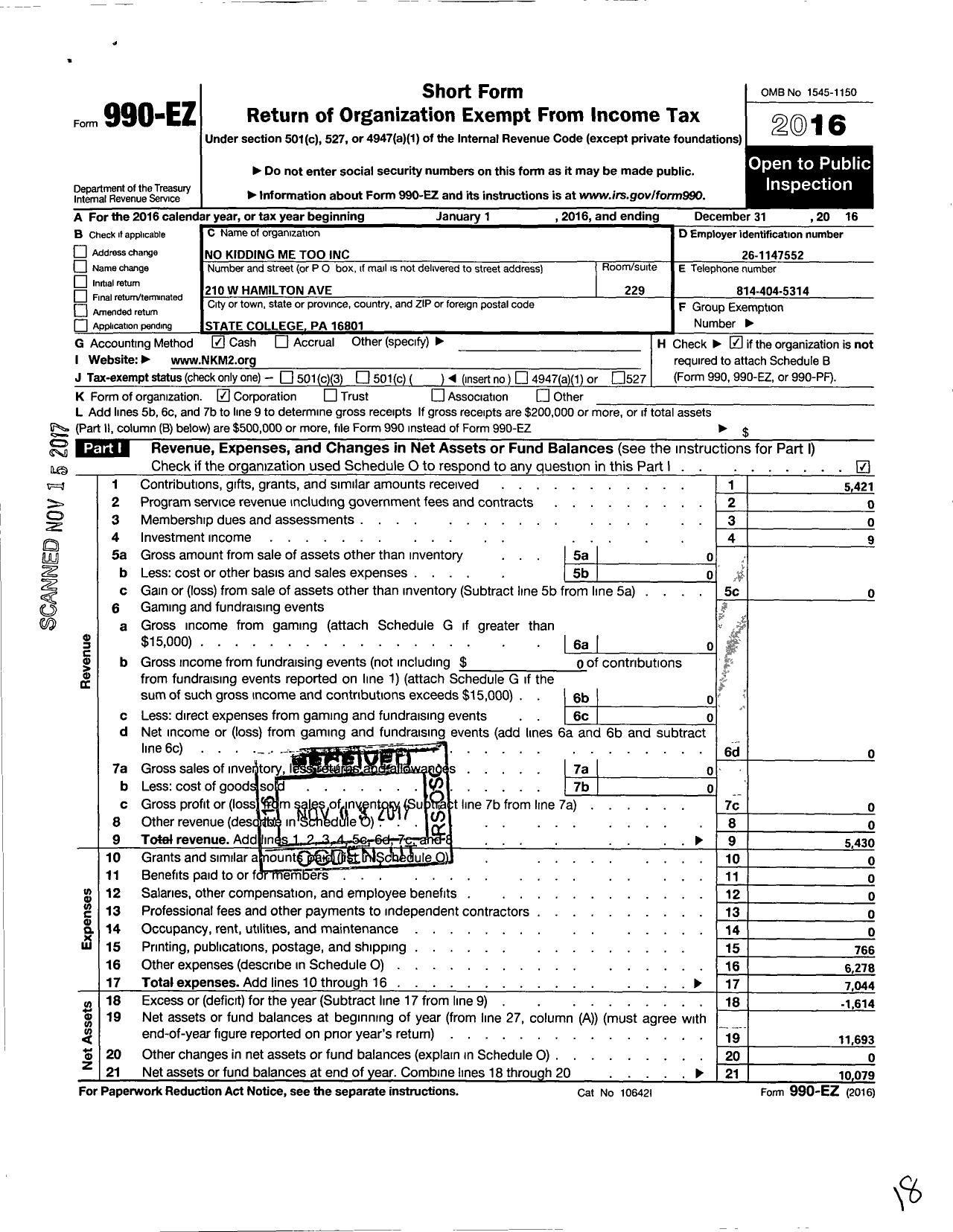 Image of first page of 2016 Form 990EO for No Kidding Me Too
