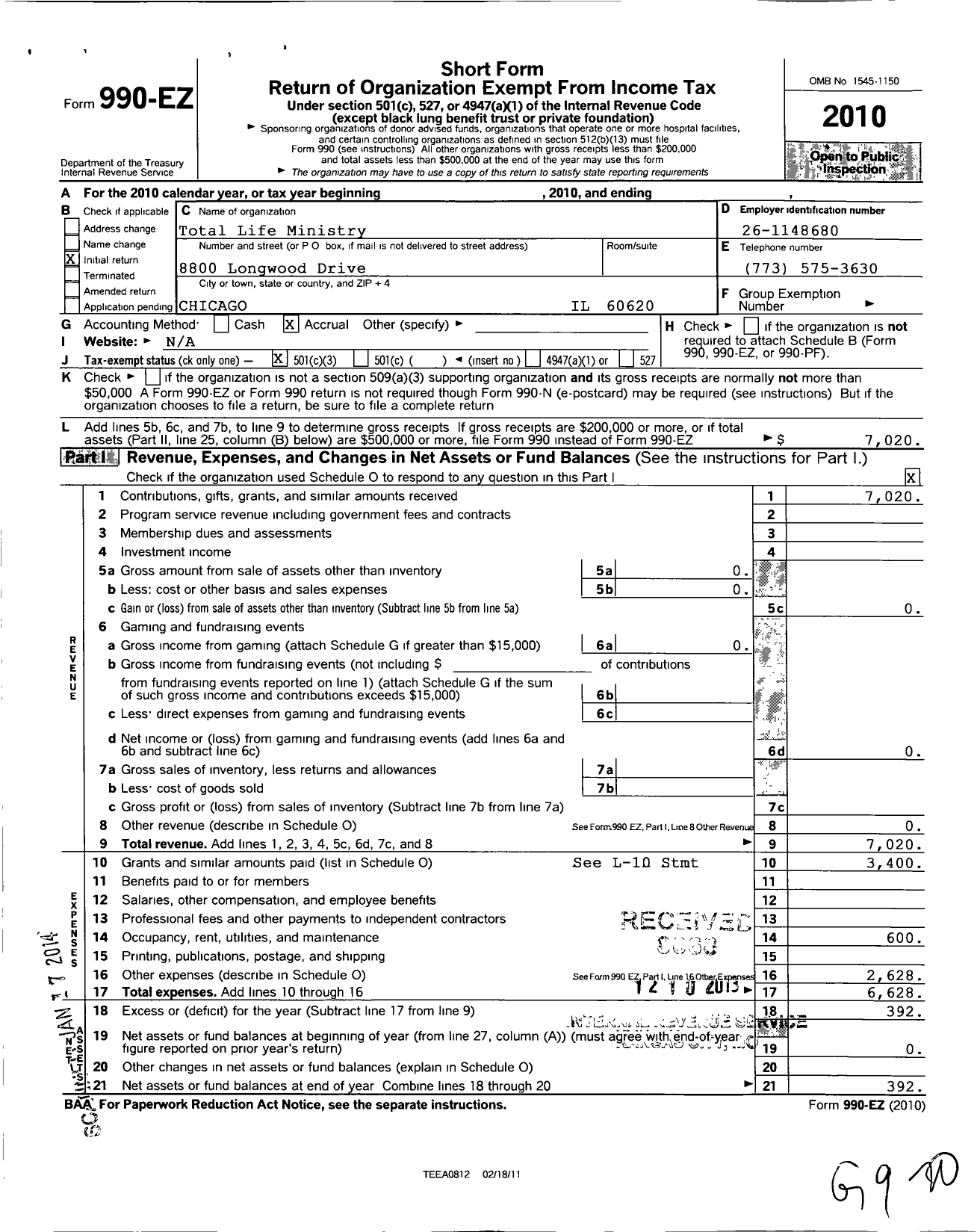 Image of first page of 2010 Form 990EZ for Total Life Ministry