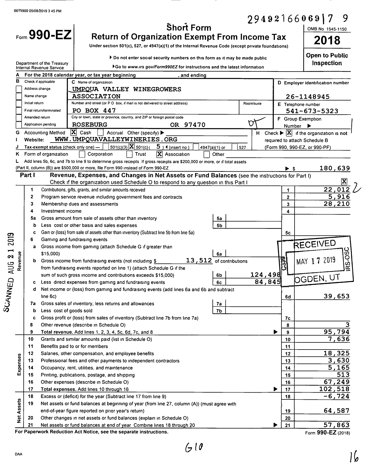 Image of first page of 2018 Form 990EO for Umpqua Valley Winegrowers Association