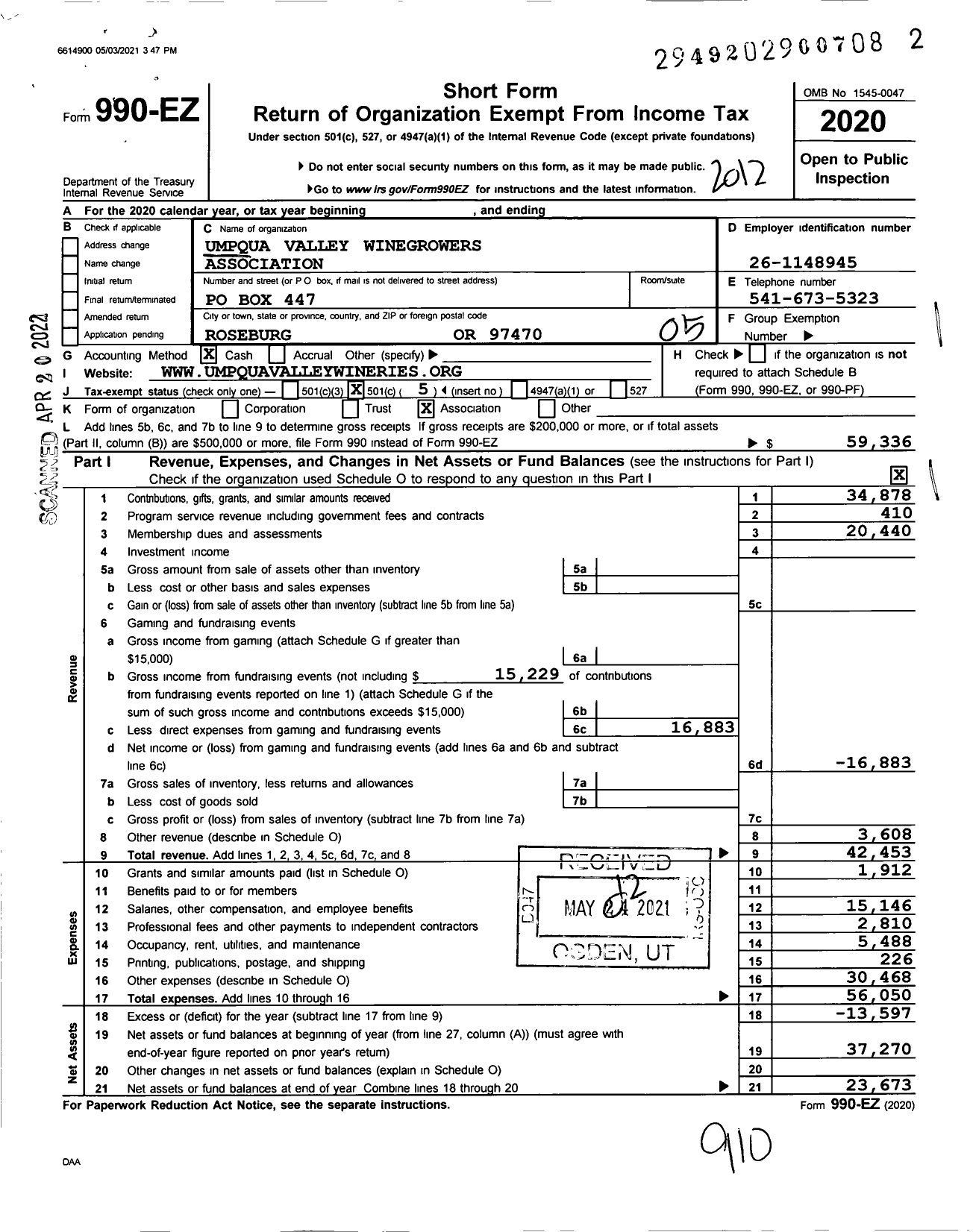 Image of first page of 2020 Form 990EO for Umpqua Valley Winegrowers Association