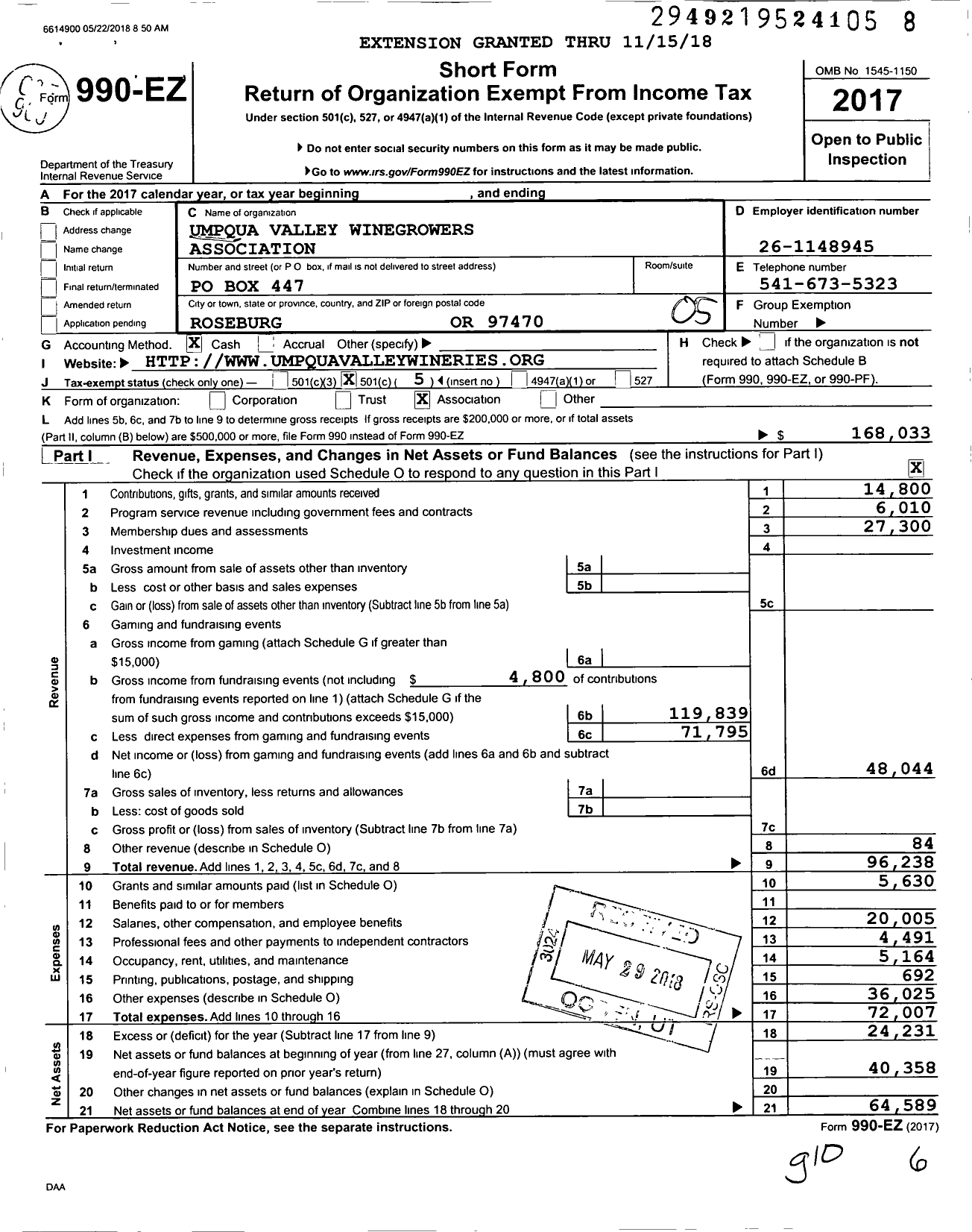 Image of first page of 2017 Form 990EO for Umpqua Valley Winegrowers Association