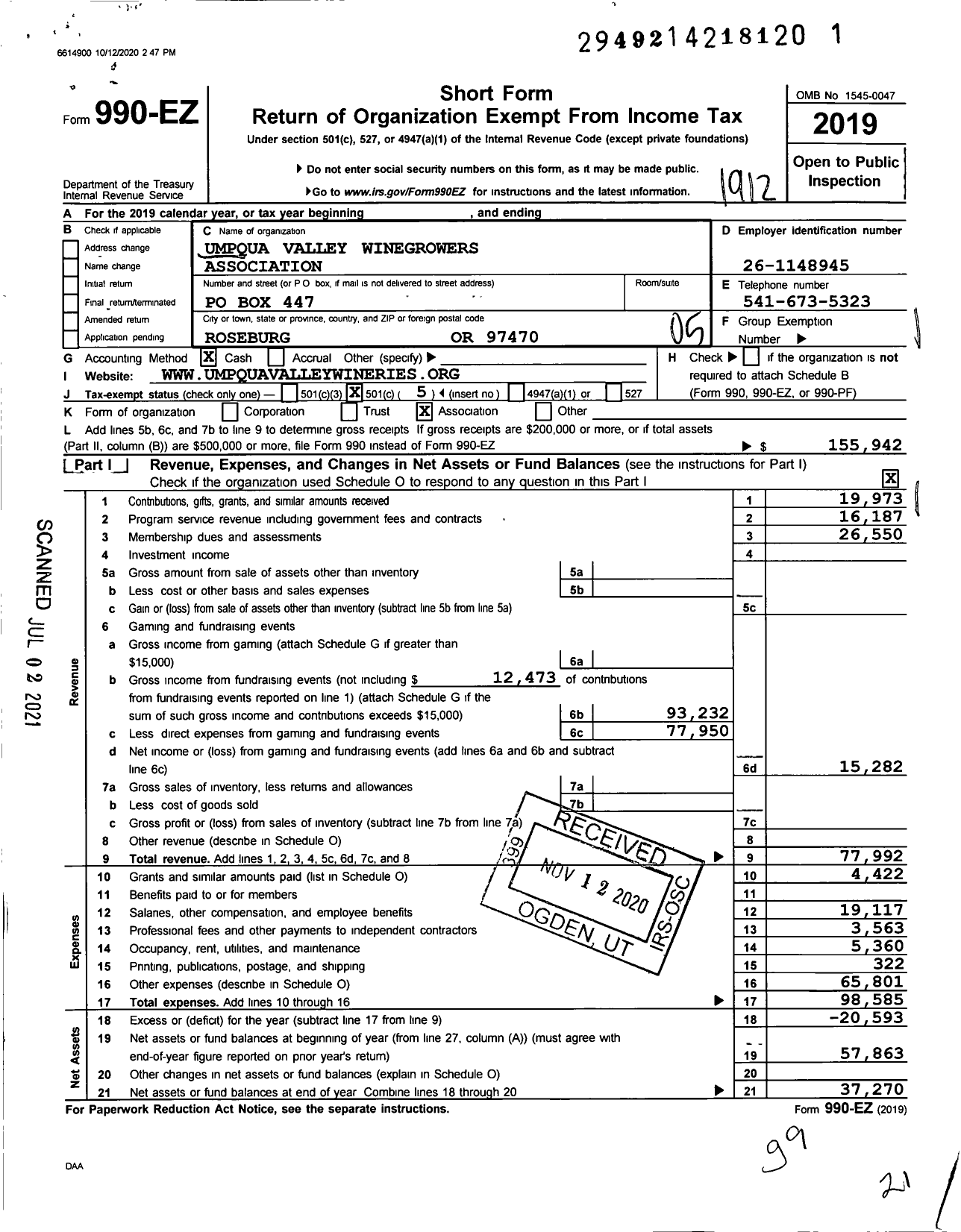 Image of first page of 2019 Form 990EO for Umpqua Valley Winegrowers Association