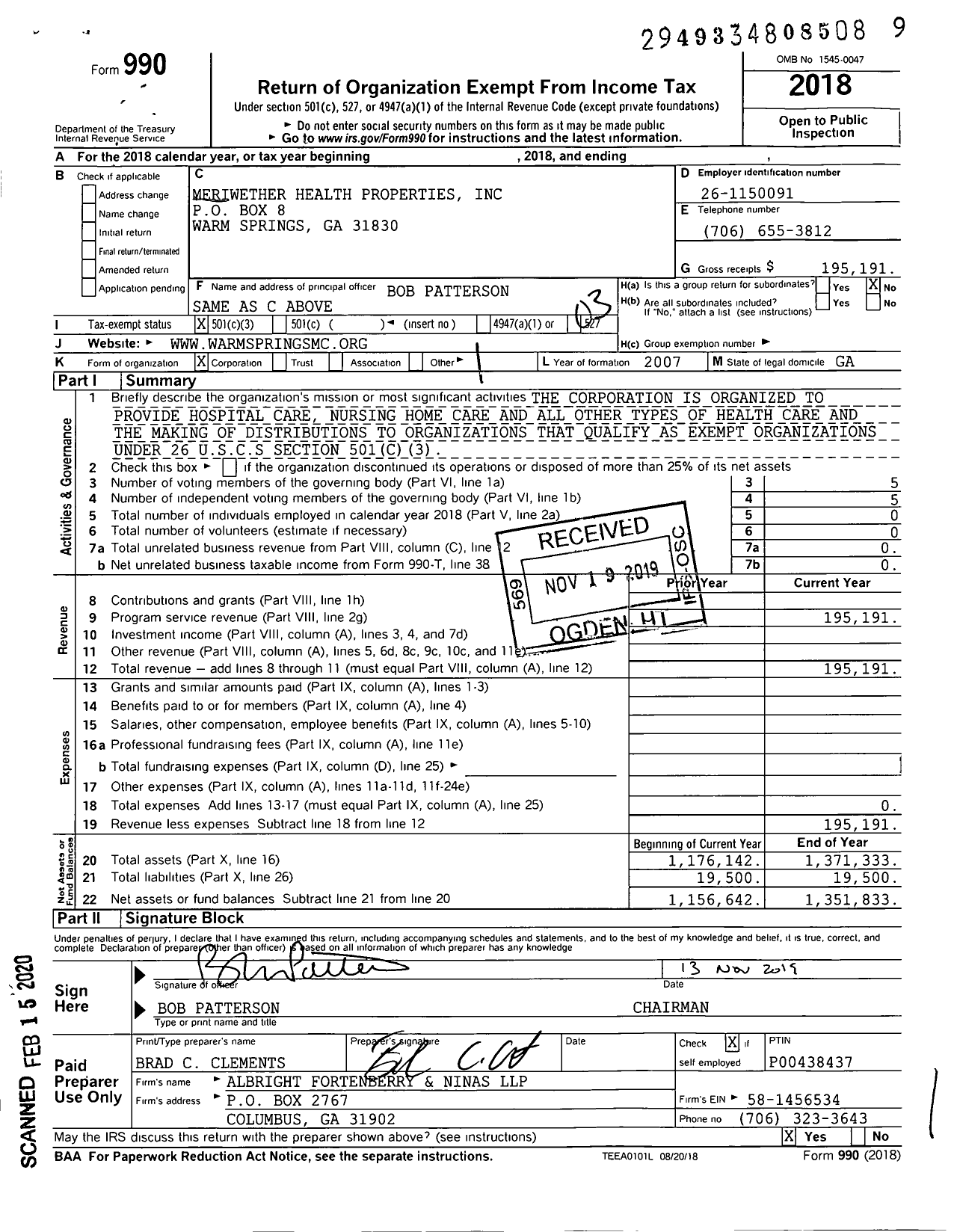 Image of first page of 2018 Form 990 for Meriwether Health Properties