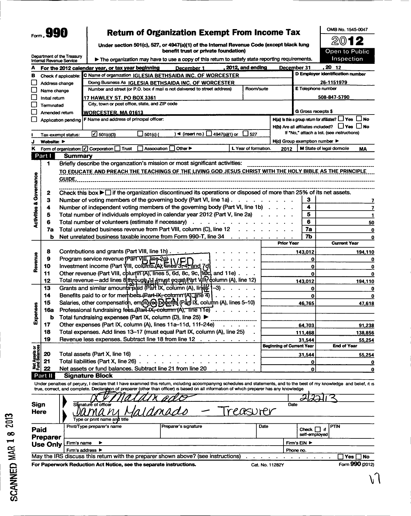 Image of first page of 2012 Form 990 for Iglesia Bethsaida