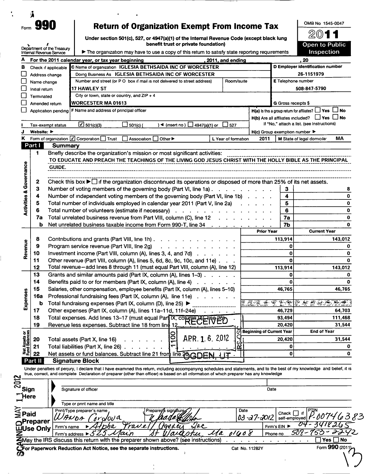 Image of first page of 2011 Form 990 for Iglesia Bethsaida