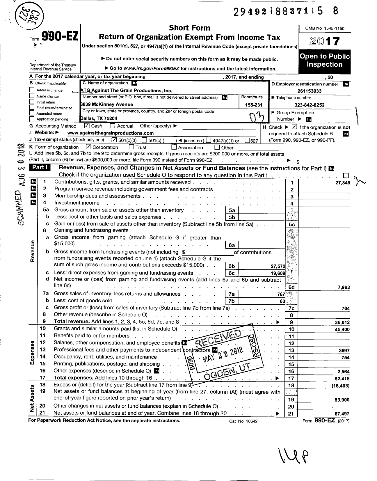 Image of first page of 2017 Form 990EZ for Atg Against the Grain Productions