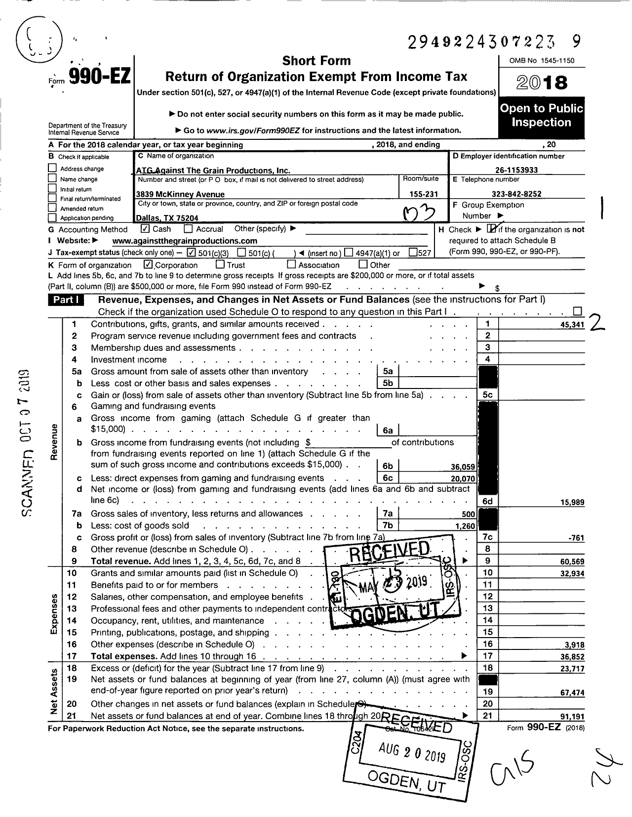 Image of first page of 2018 Form 990EZ for Atg Against the Grain Productions