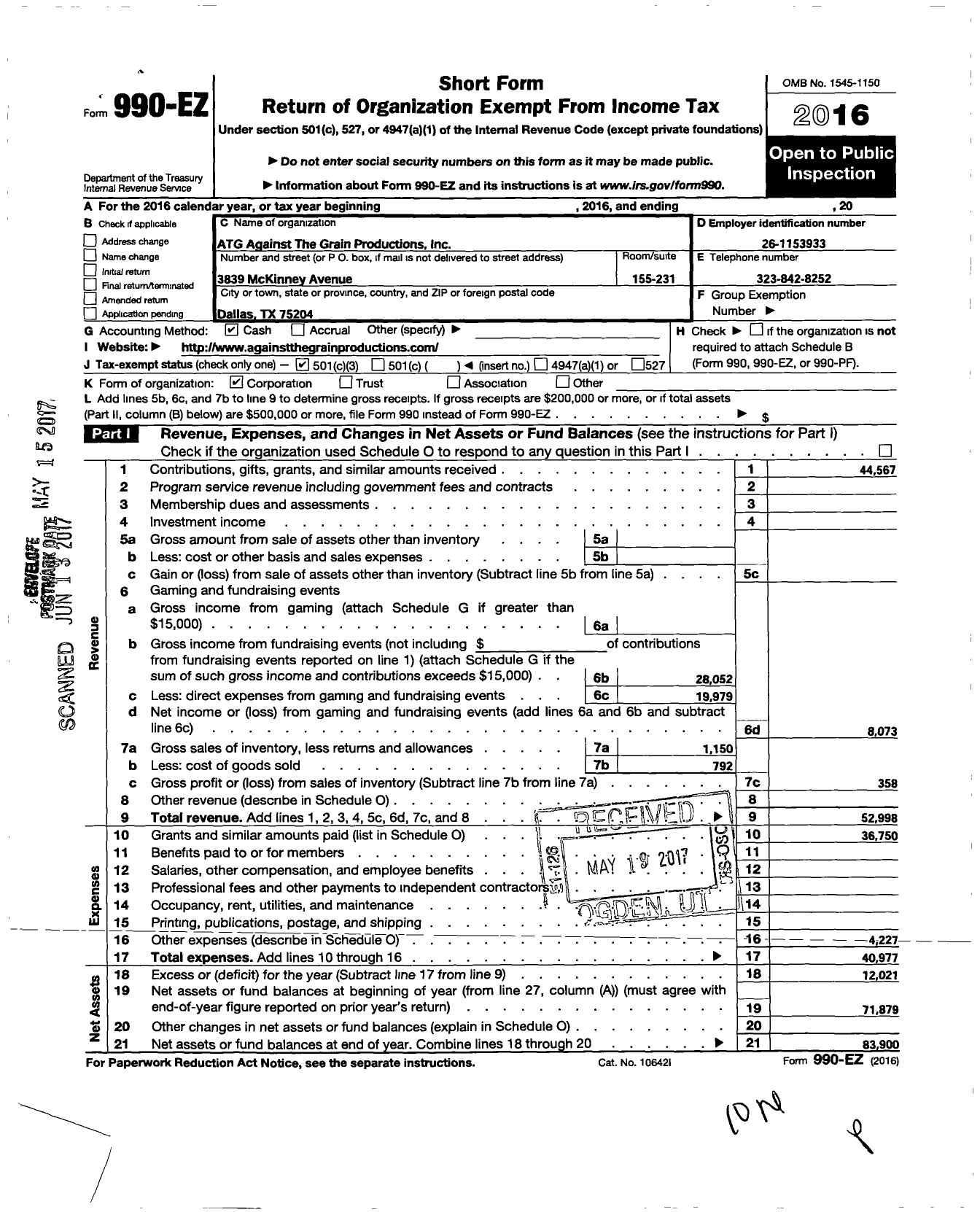 Image of first page of 2016 Form 990EZ for Atg Against the Grain Productions