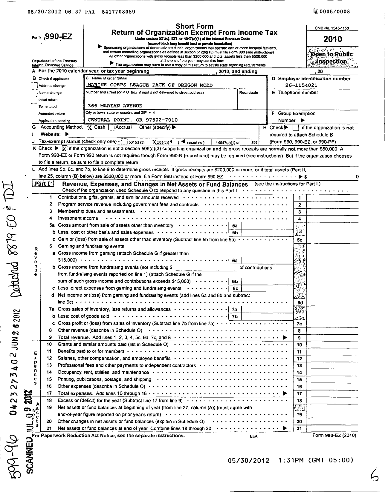 Image of first page of 2010 Form 990EO for Marine Corps League - Pack of Oregon Modd