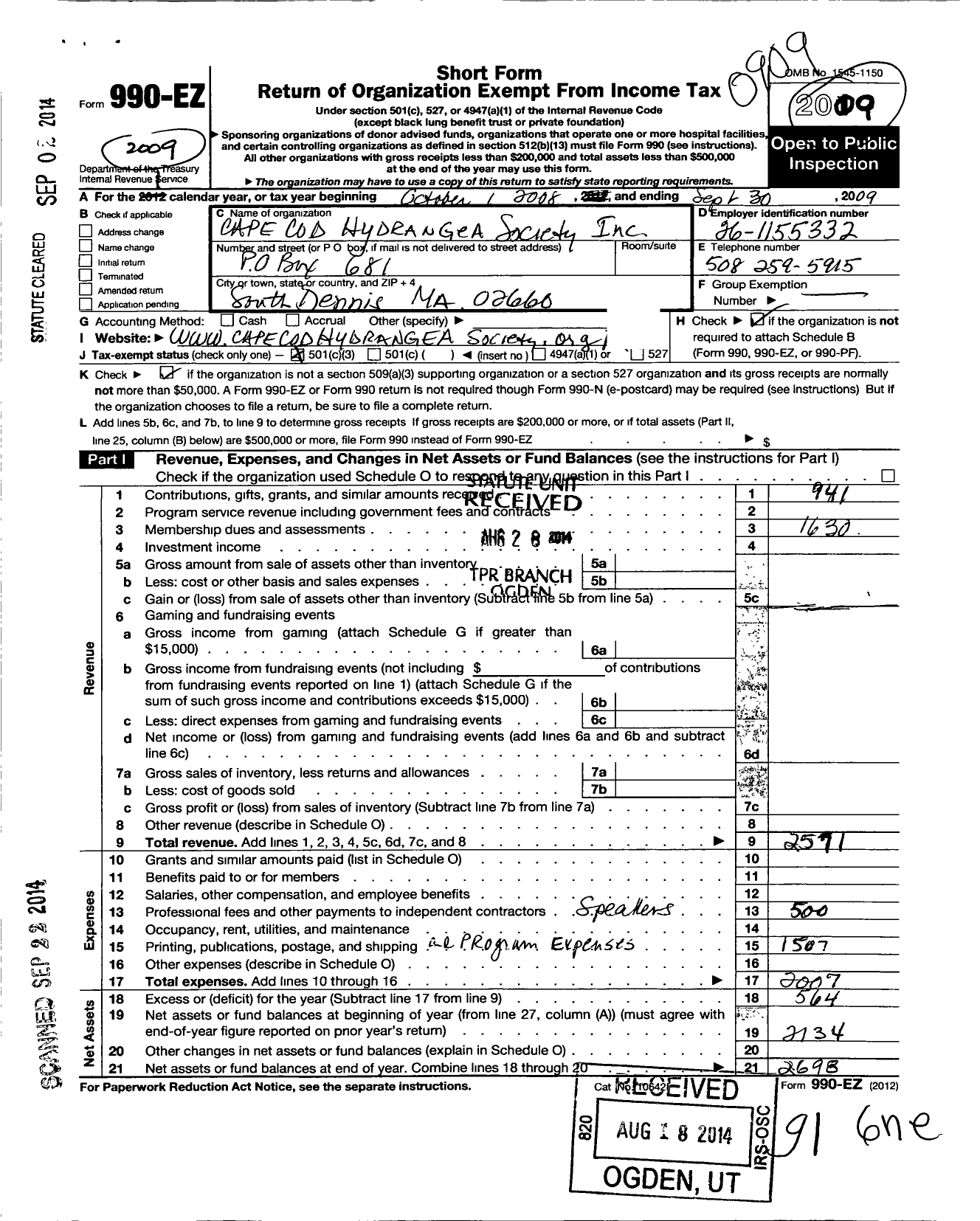 Image of first page of 2008 Form 990EZ for Cape Cod Hydrangea Society