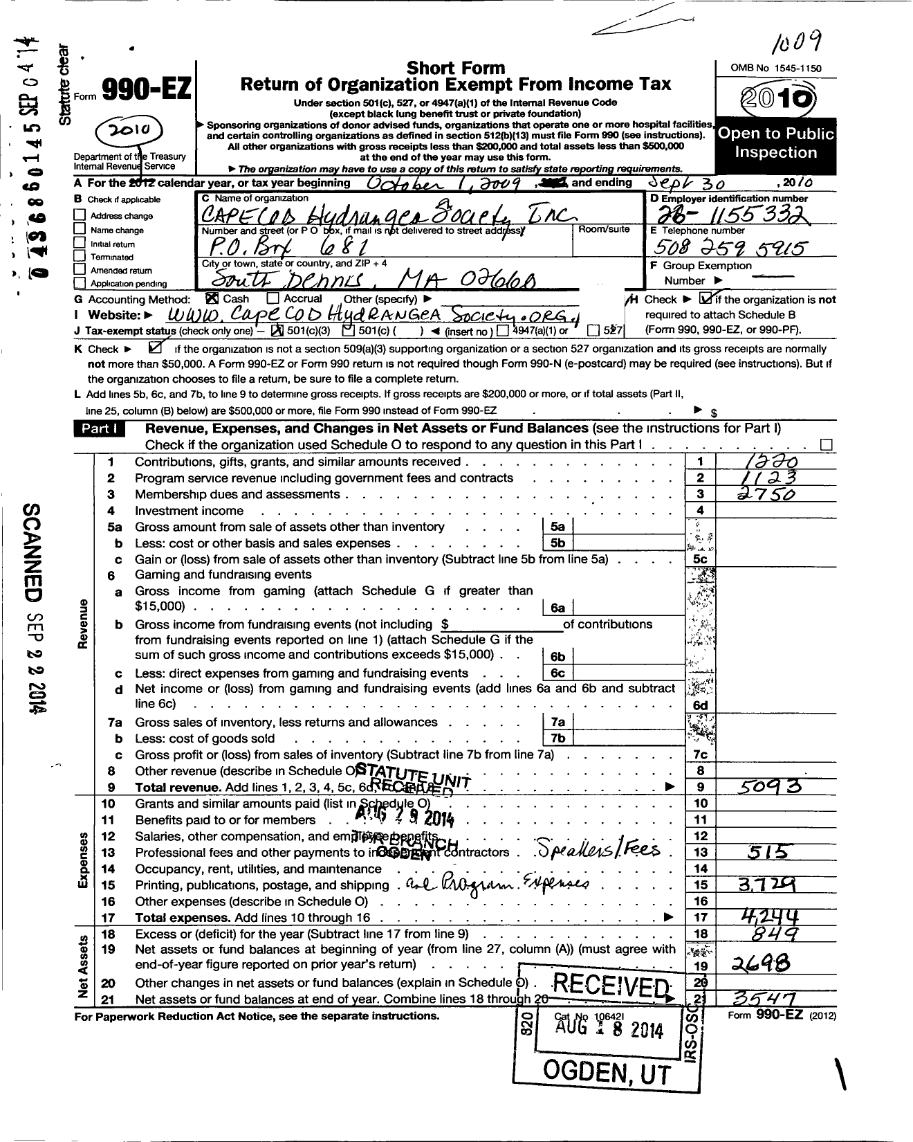 Image of first page of 2009 Form 990EZ for Cape Cod Hydrangea Society