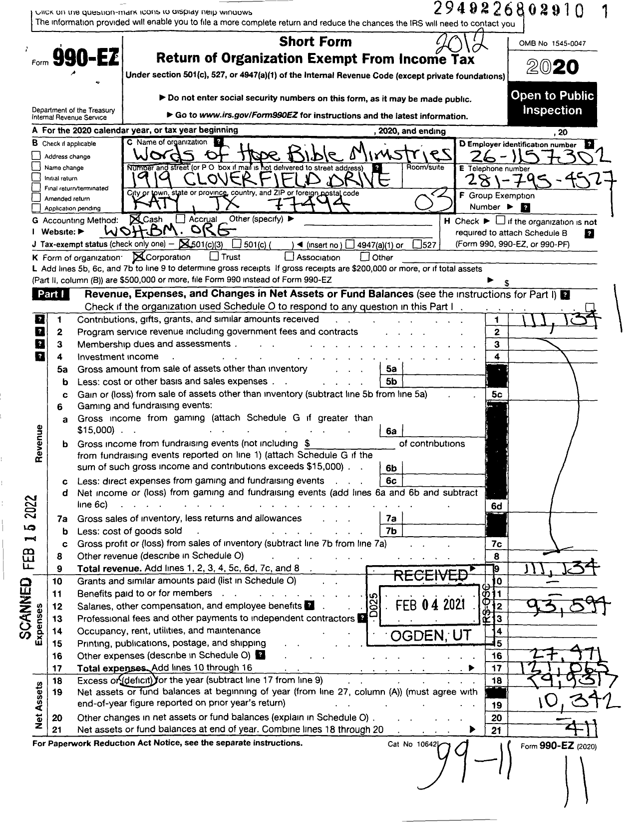 Image of first page of 2020 Form 990EZ for Words of Hope Bible Ministries