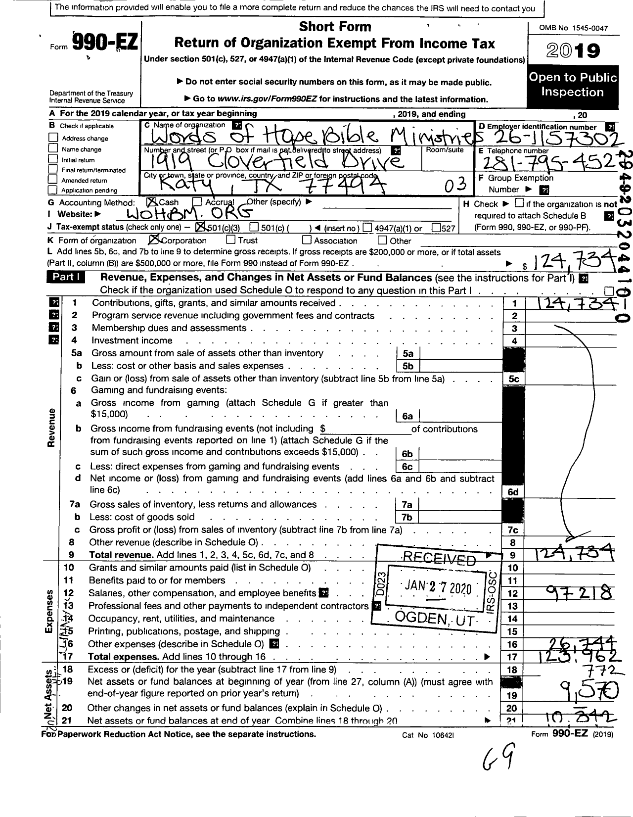 Image of first page of 2019 Form 990EZ for Words of Hope Bible Ministries