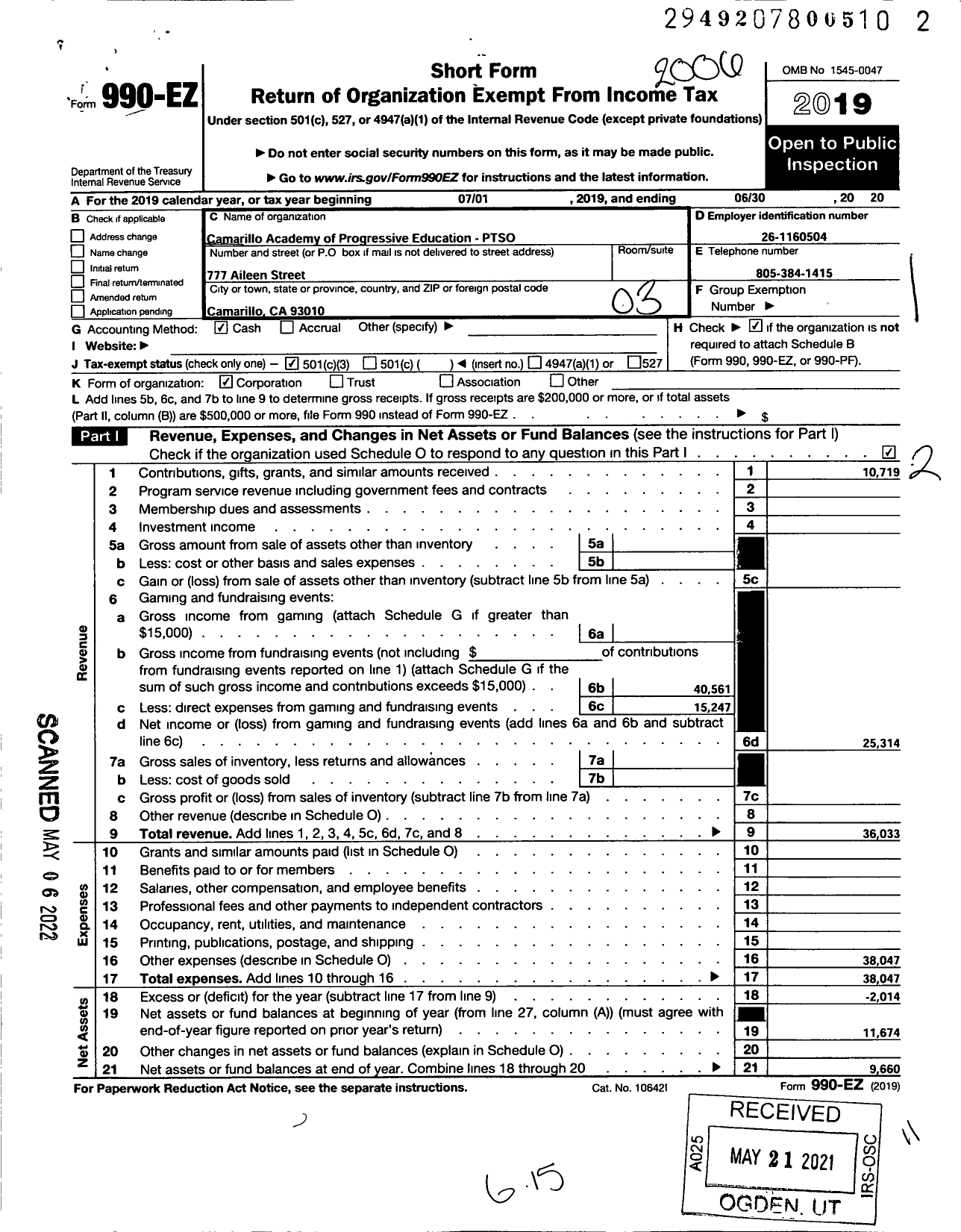 Image of first page of 2019 Form 990EZ for Camarillo Academy of Progressive Education-Ptso