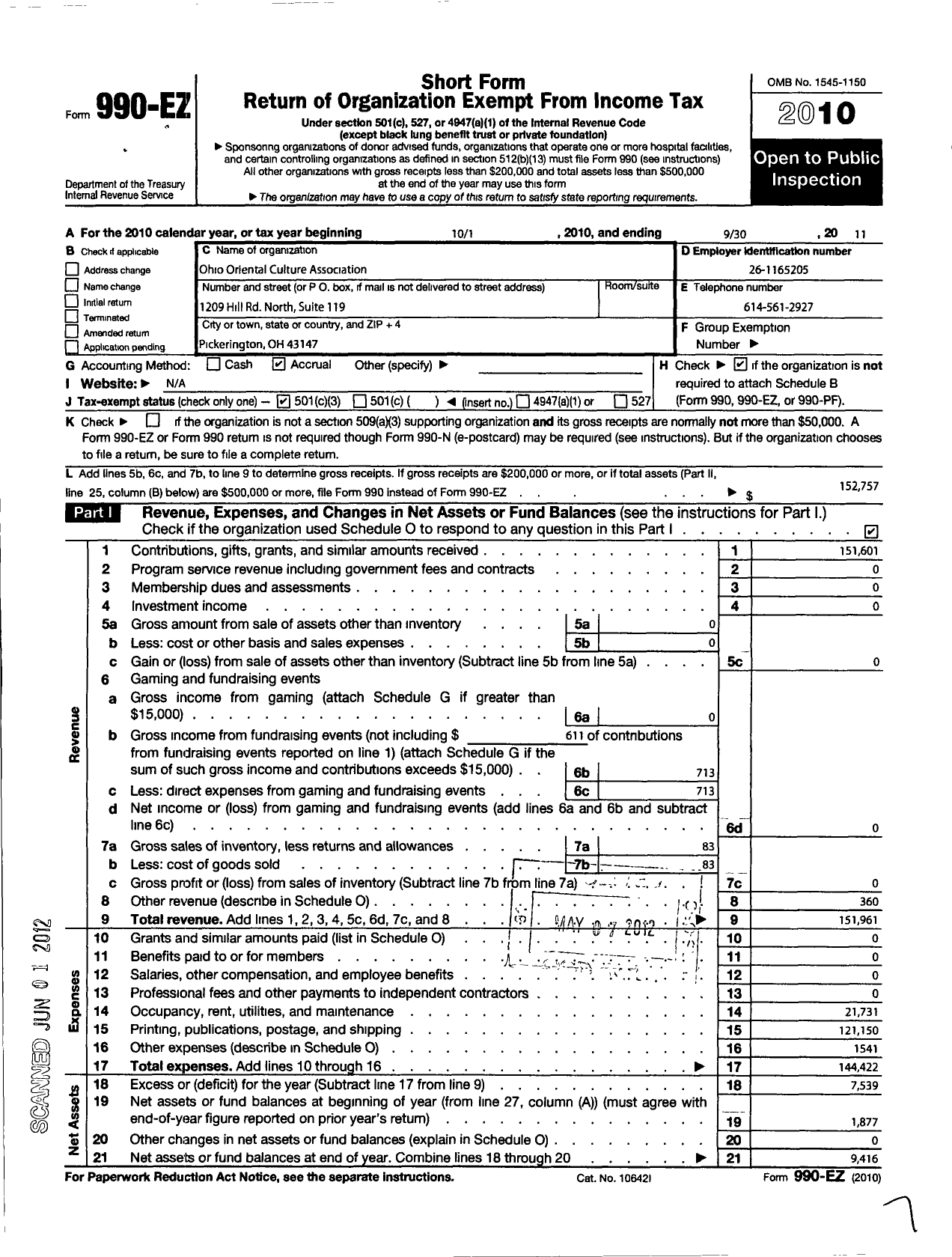 Image of first page of 2010 Form 990EZ for Ohio Oriental Culture Association