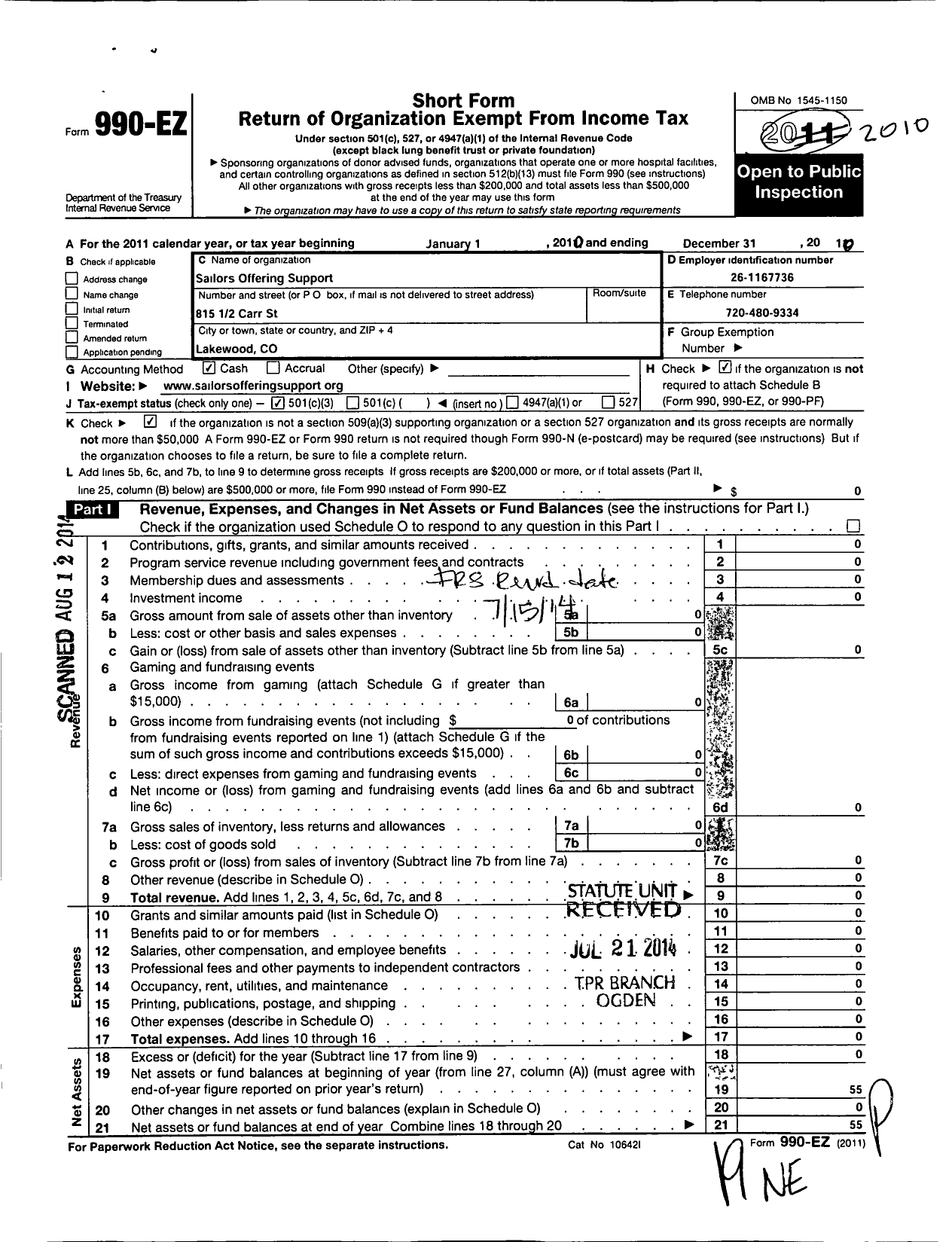 Image of first page of 2010 Form 990EZ for Sailors Offering Support