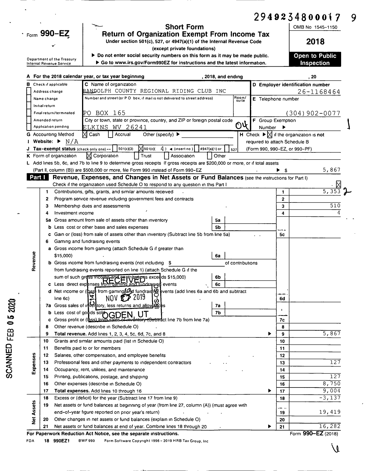 Image of first page of 2018 Form 990EO for Randolph County Regional Riding Club