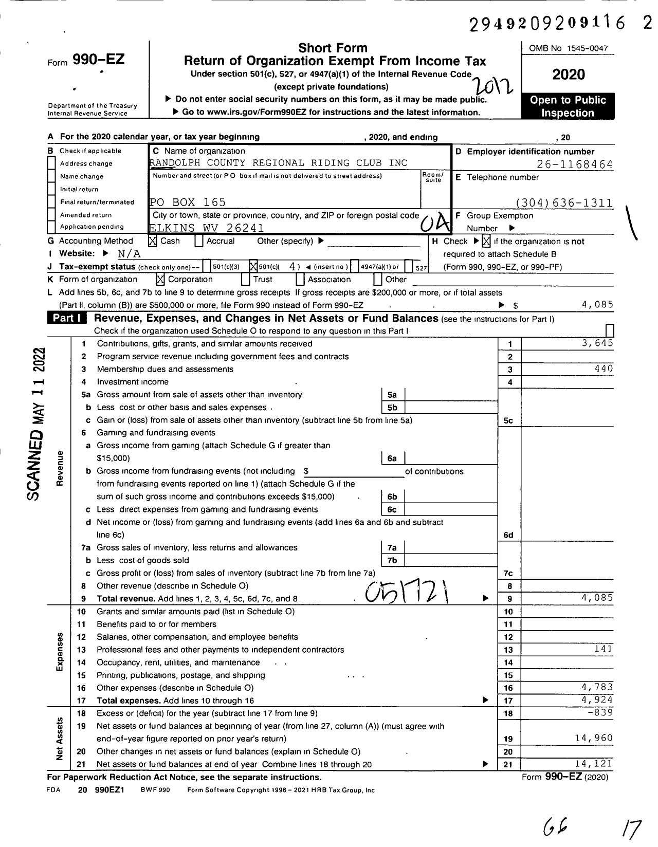 Image of first page of 2020 Form 990EO for Randolph County Regional Riding Club