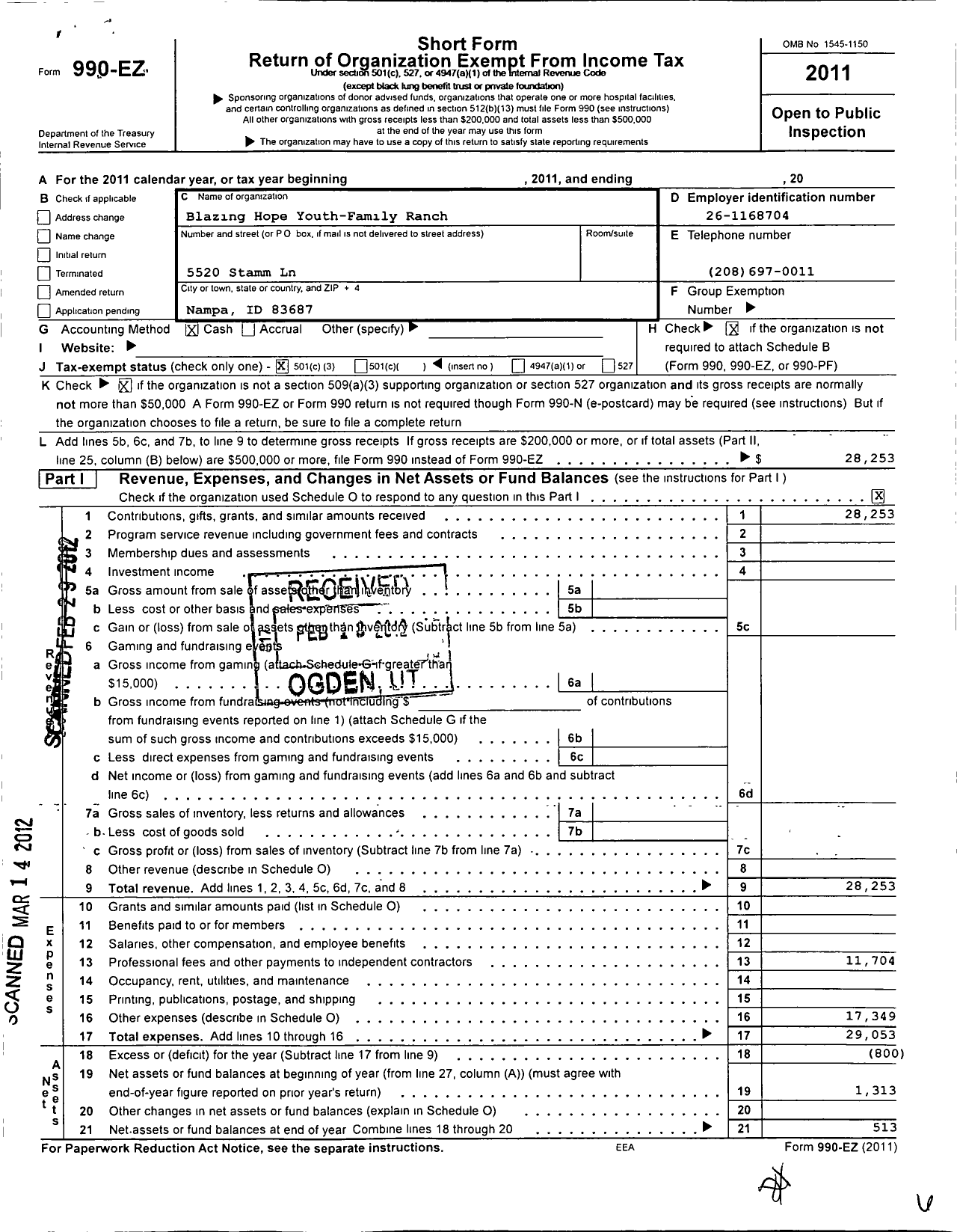 Image of first page of 2011 Form 990EZ for Blazing Hope Youth-Family Ranch