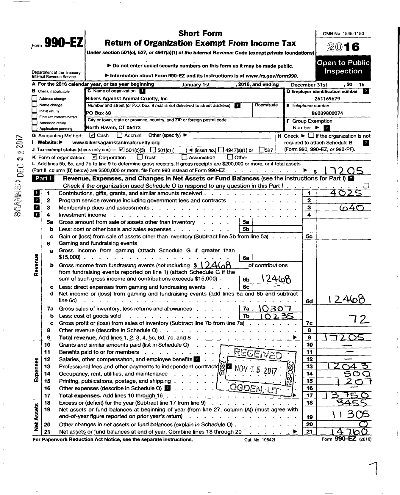 Image of first page of 2016 Form 990EZ for Bikers Against Animal Cruelty