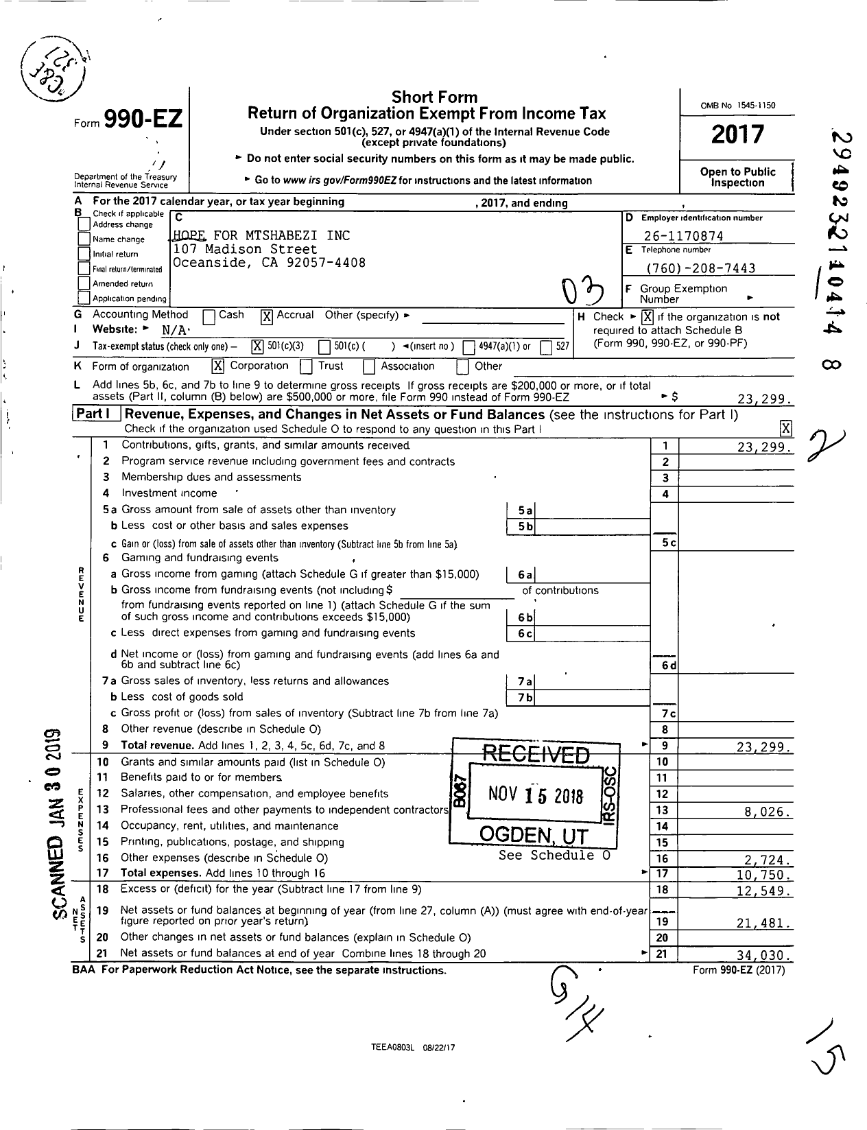 Image of first page of 2017 Form 990EZ for Hope for Mtshabezi