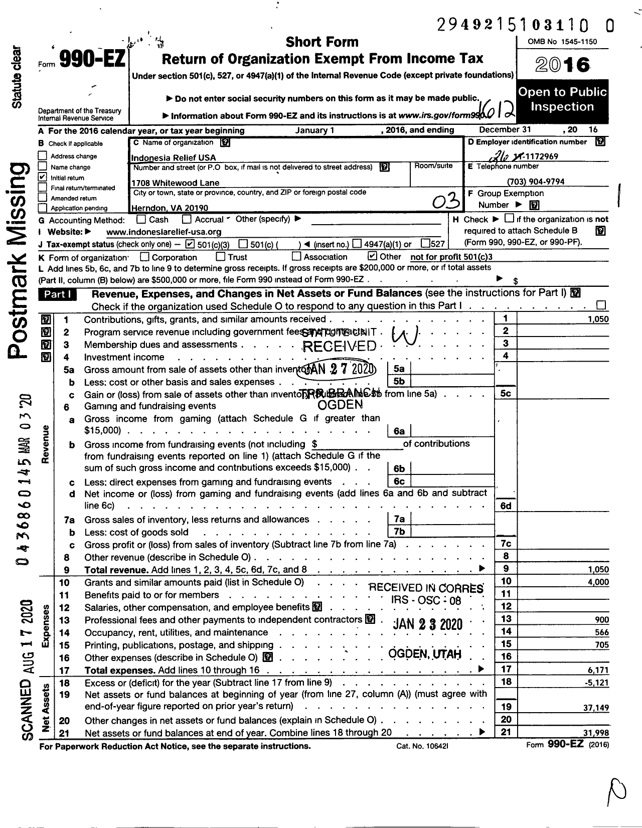 Image of first page of 2016 Form 990EZ for Indonesia Relief-Usa