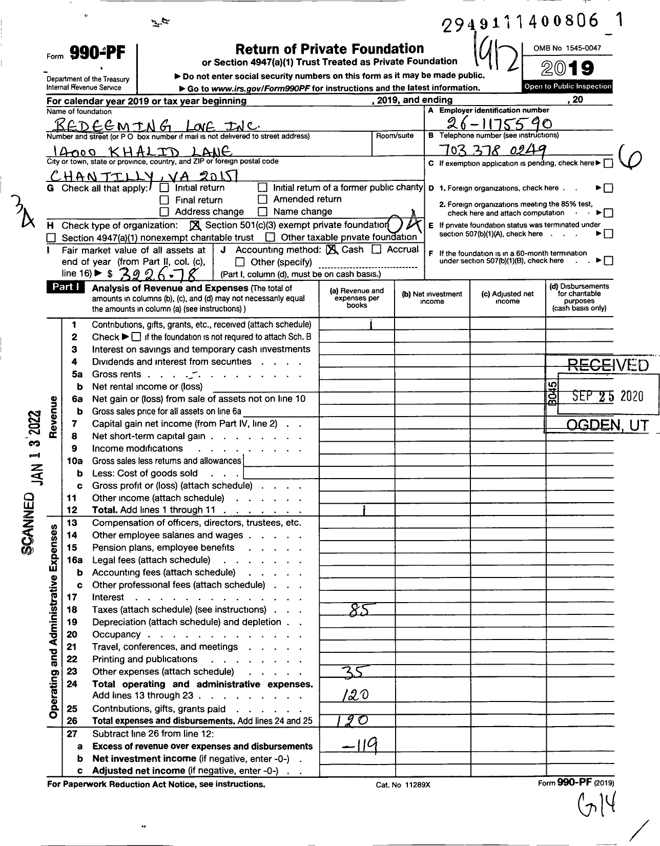 Image of first page of 2019 Form 990PF for Redeeming Love