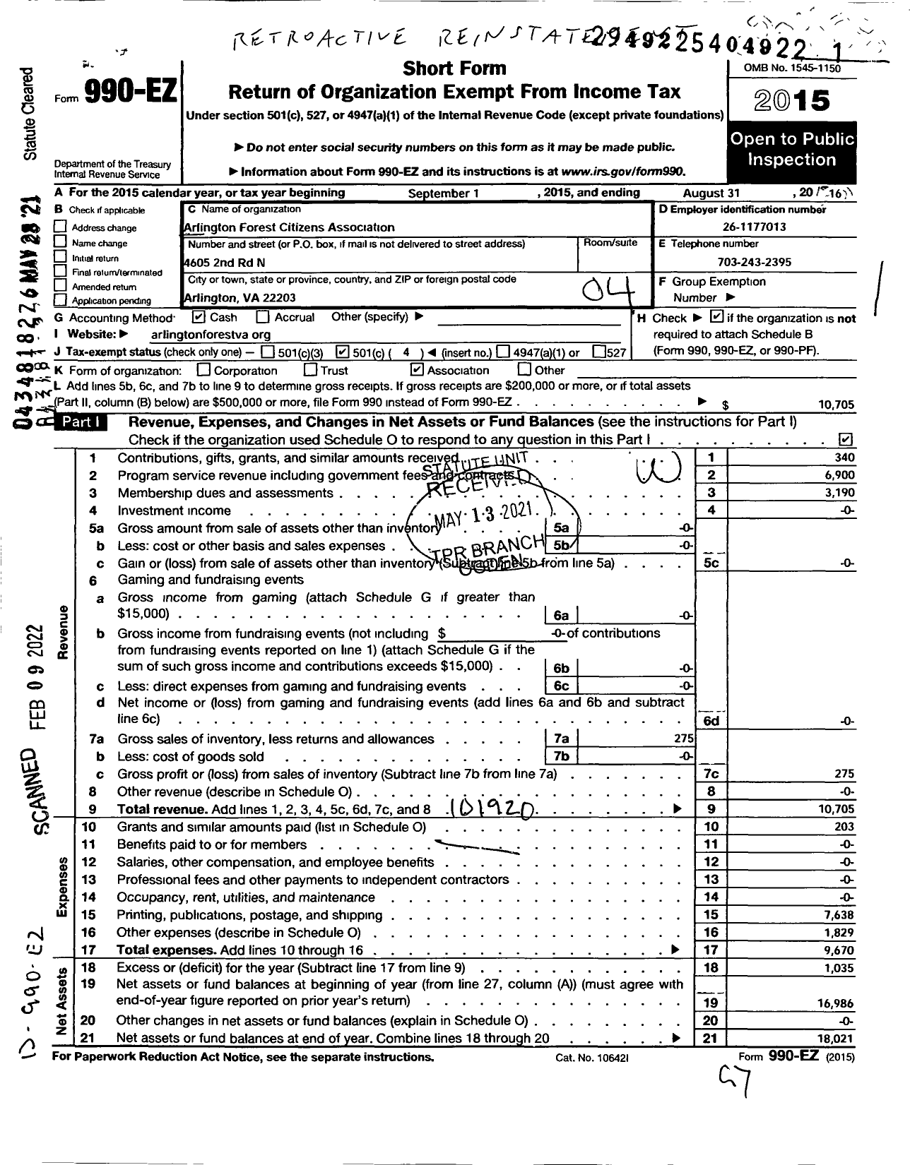 Image of first page of 2015 Form 990EO for Arlington Forest Citizens Association