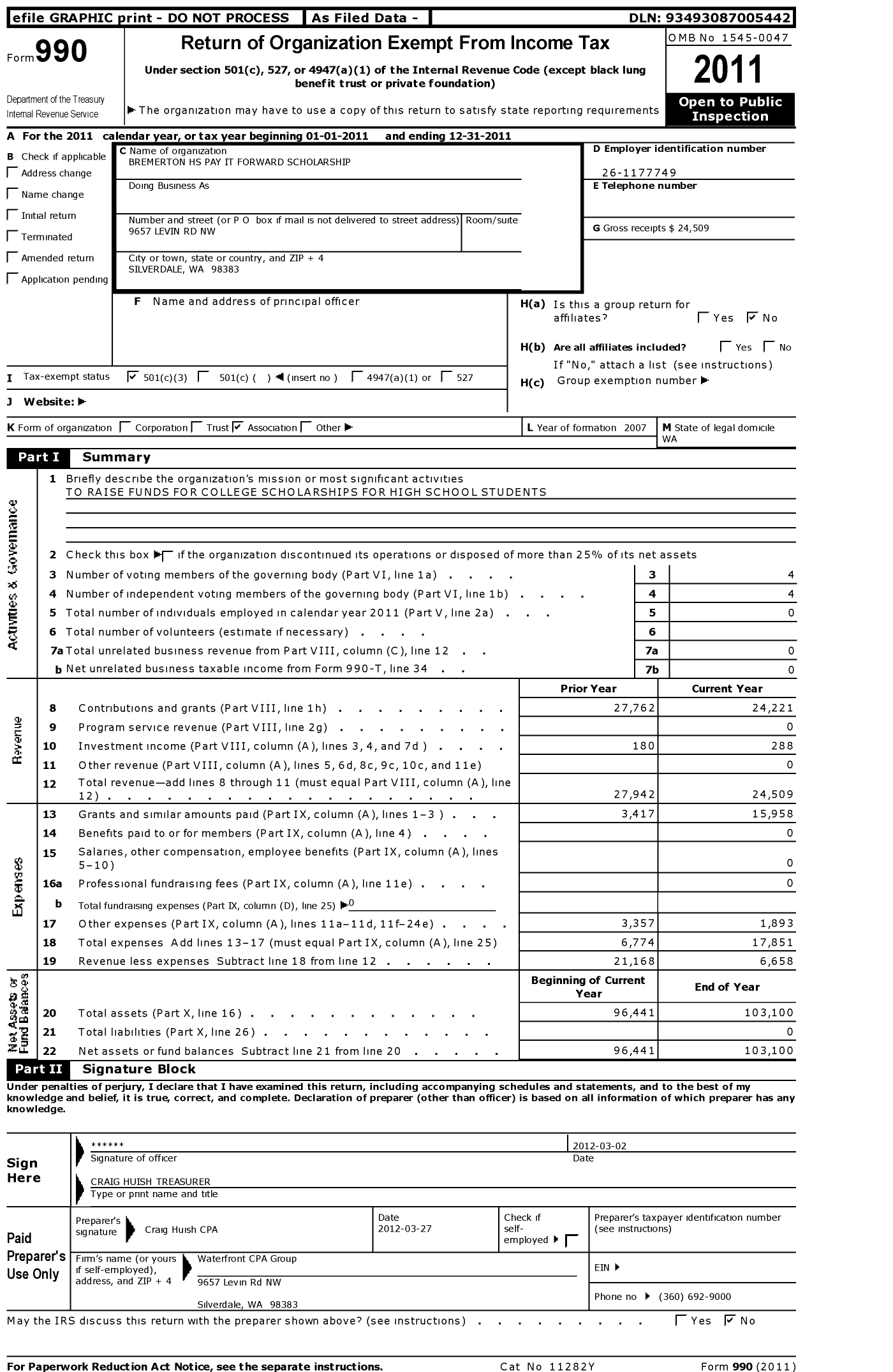 Image of first page of 2011 Form 990 for Bremerton HS Pay It Forward Scholarship