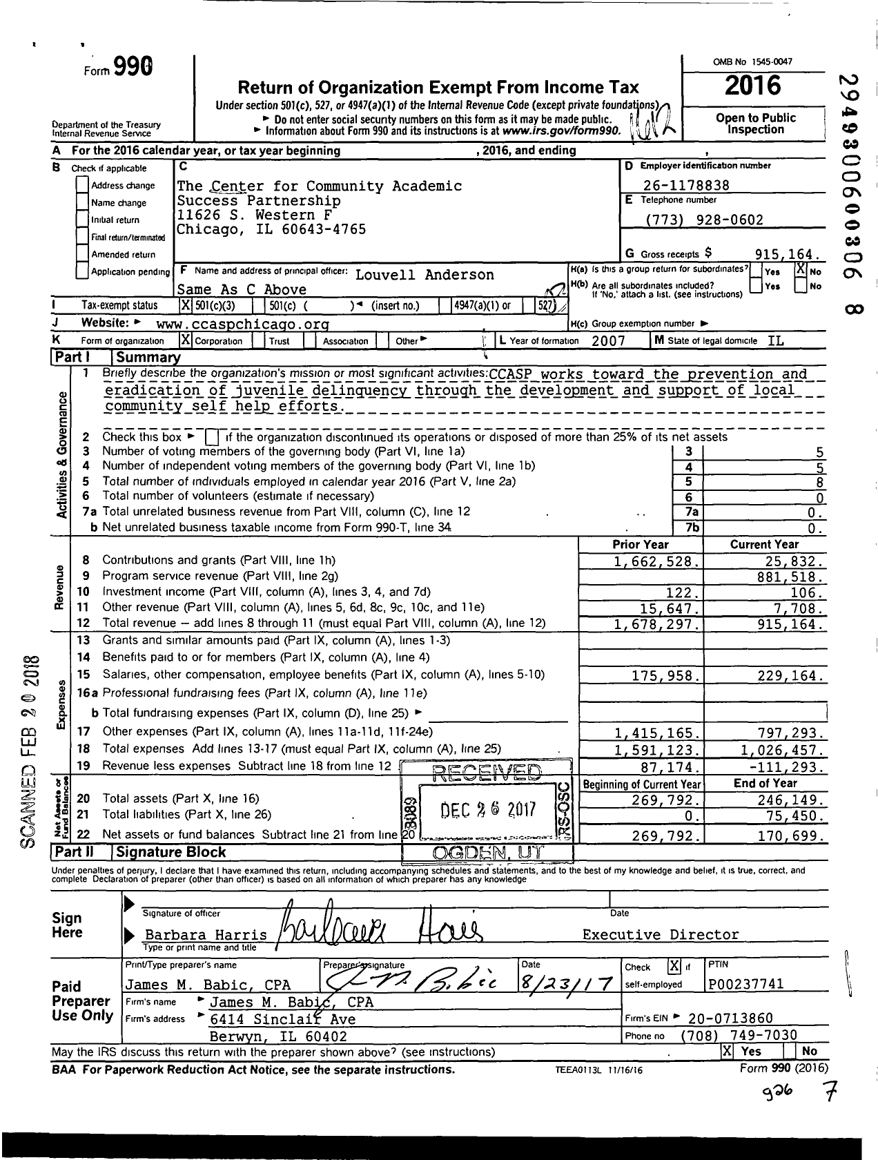 Image of first page of 2016 Form 990 for The Center for Community Academic Success Partnerships