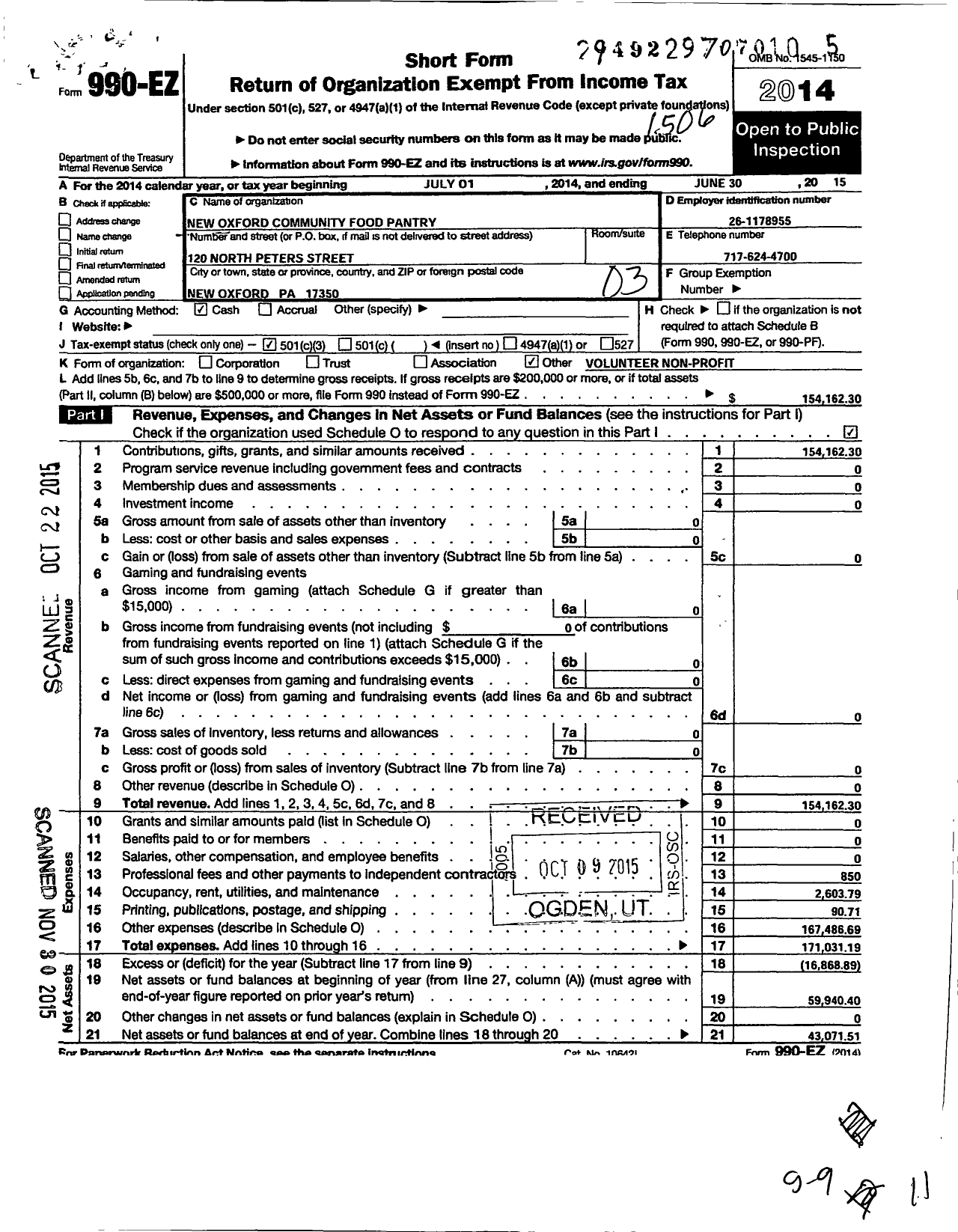 Image of first page of 2014 Form 990EZ for New Oxford Community Food Pantry