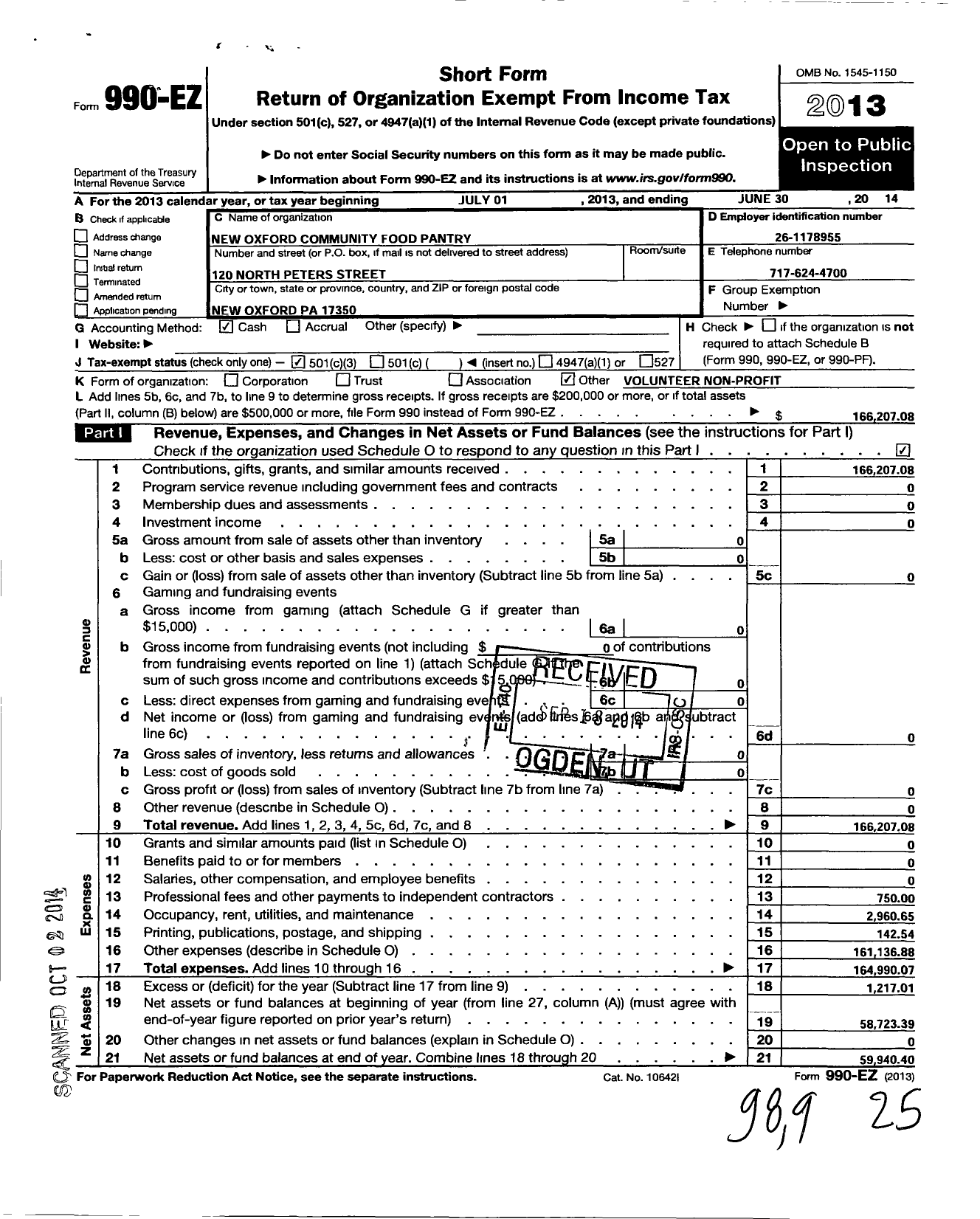 Image of first page of 2013 Form 990EZ for New Oxford Community Food Pantry