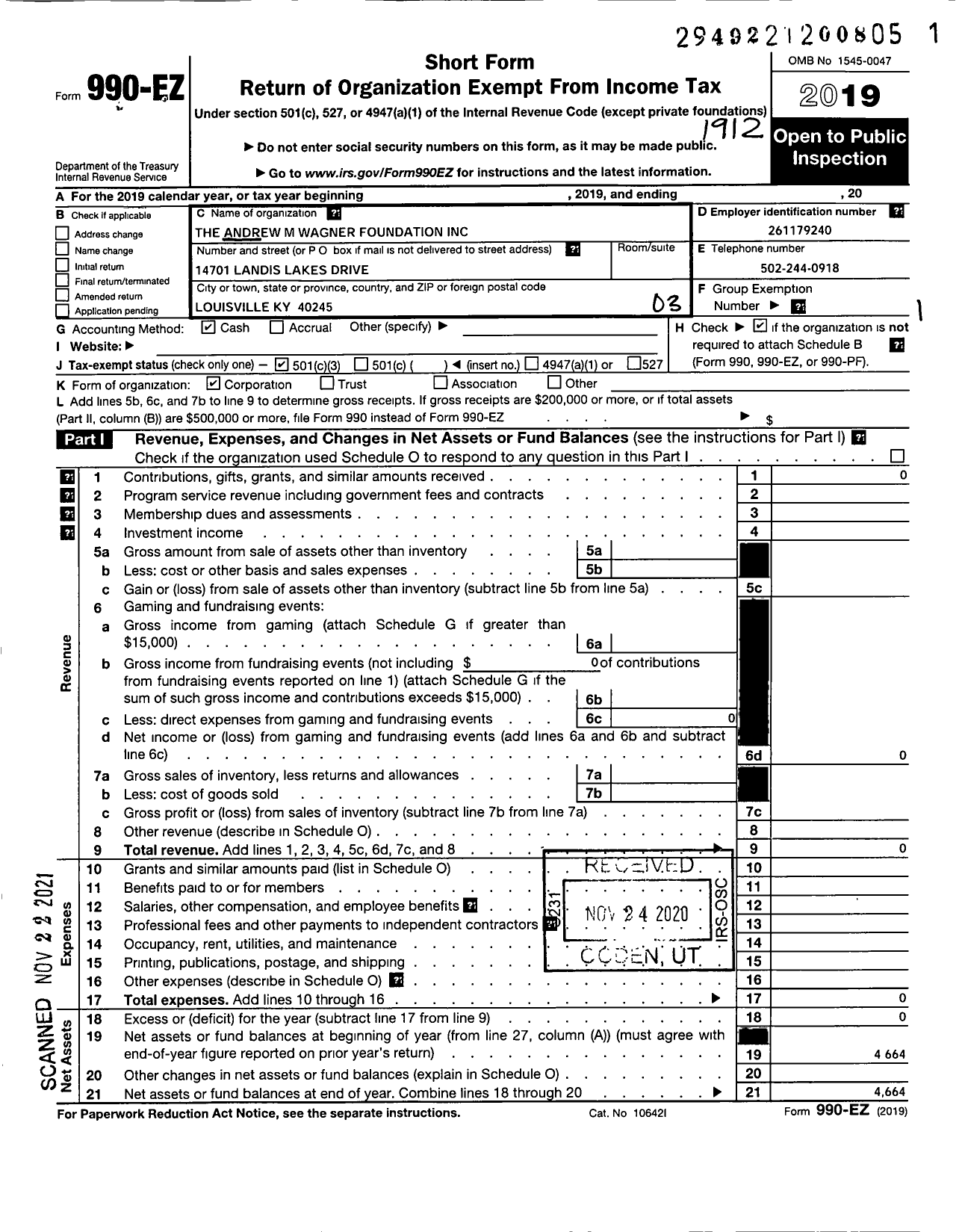 Image of first page of 2019 Form 990EZ for The Andrew M Wagner Foundation