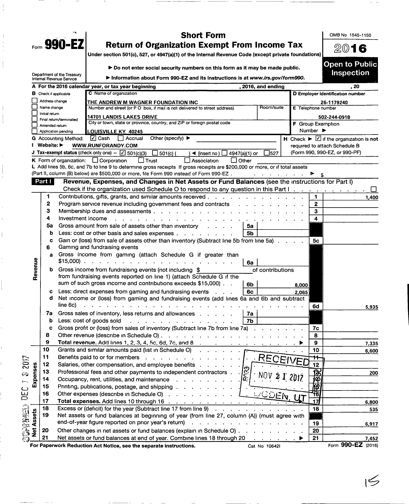 Image of first page of 2016 Form 990EZ for The Andrew M Wagner Foundation