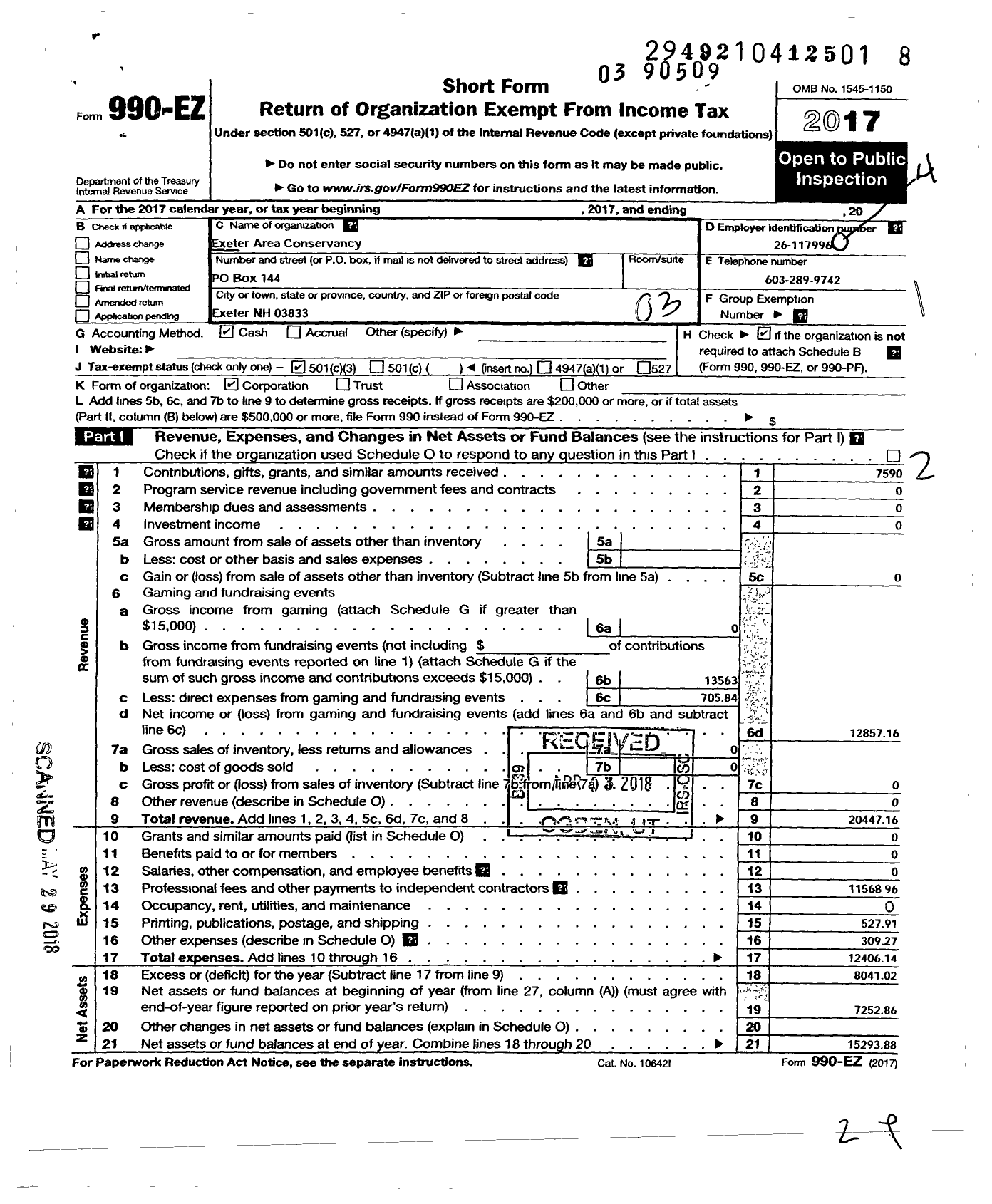 Image of first page of 2017 Form 990EZ for Exeter Area Conservancey