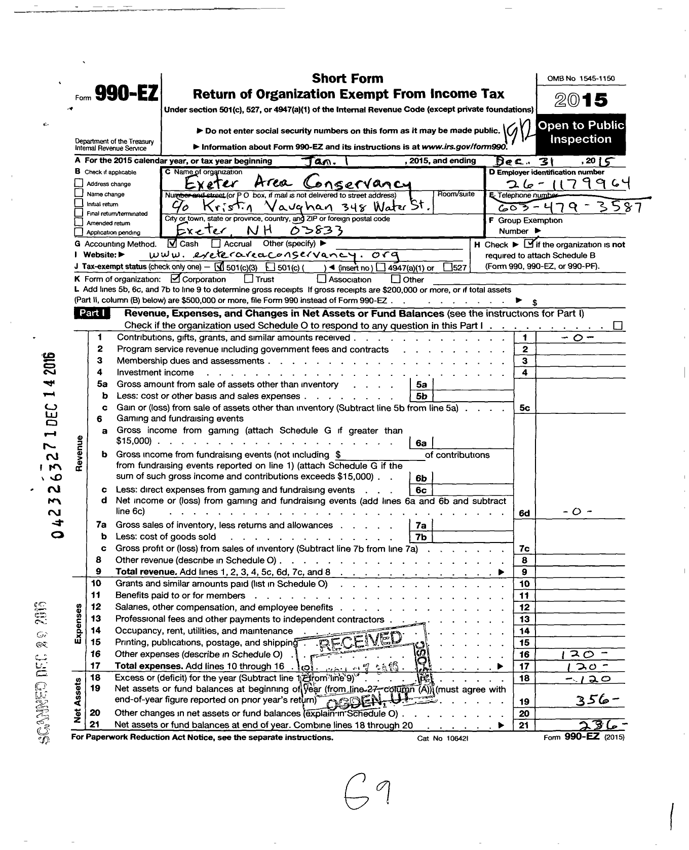 Image of first page of 2015 Form 990EZ for Exeter Area Conservancey