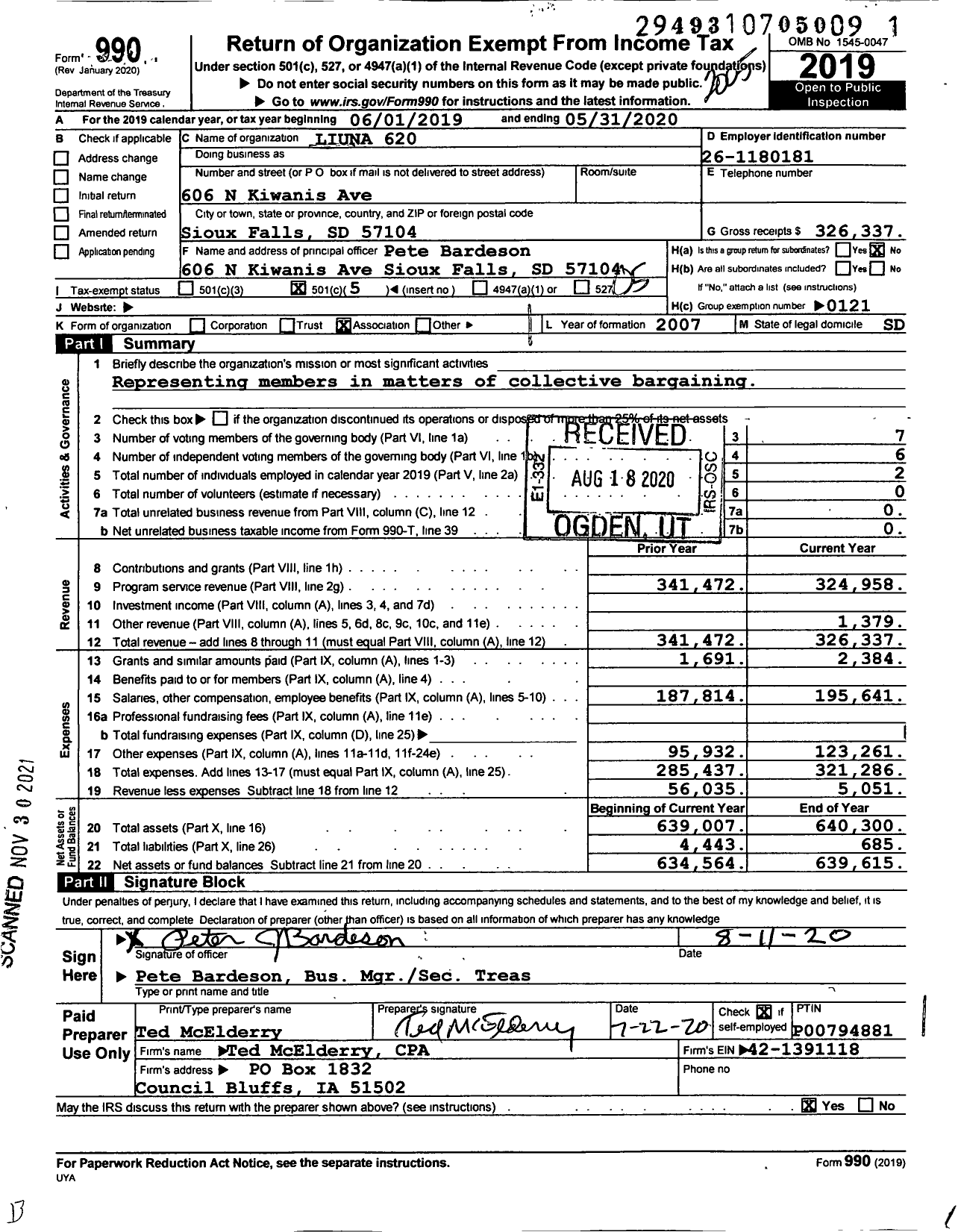 Image of first page of 2019 Form 990O for Laborers' International Union of North America - 620 Local Union