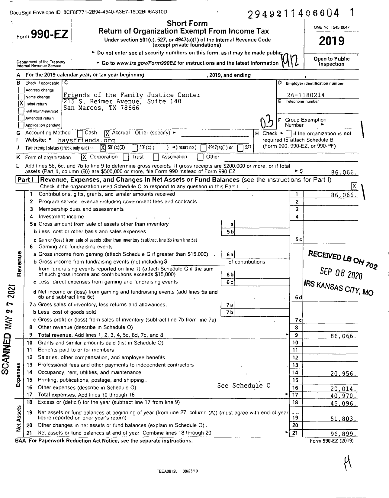 Image of first page of 2019 Form 990EZ for Friends of the Family Justice Center