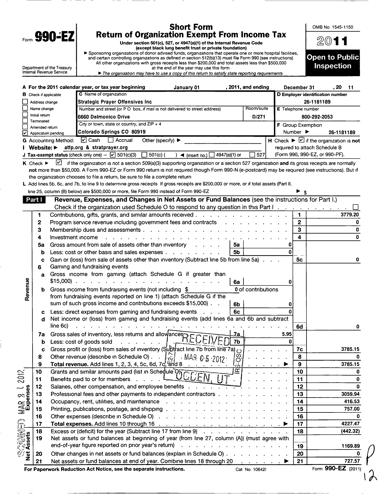 Image of first page of 2011 Form 990EZ for Strategic Prayer Offensives