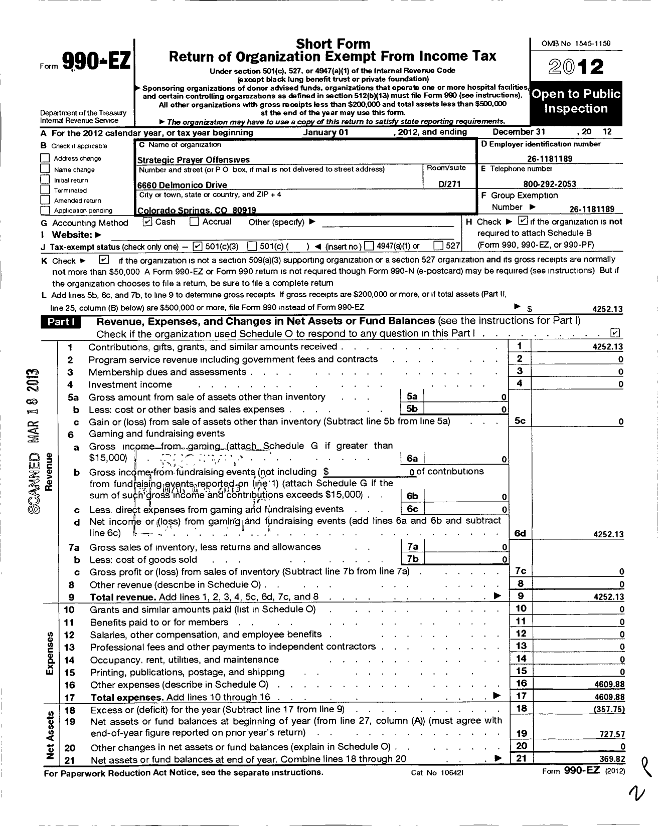 Image of first page of 2012 Form 990EZ for Strategic Prayer Offensives