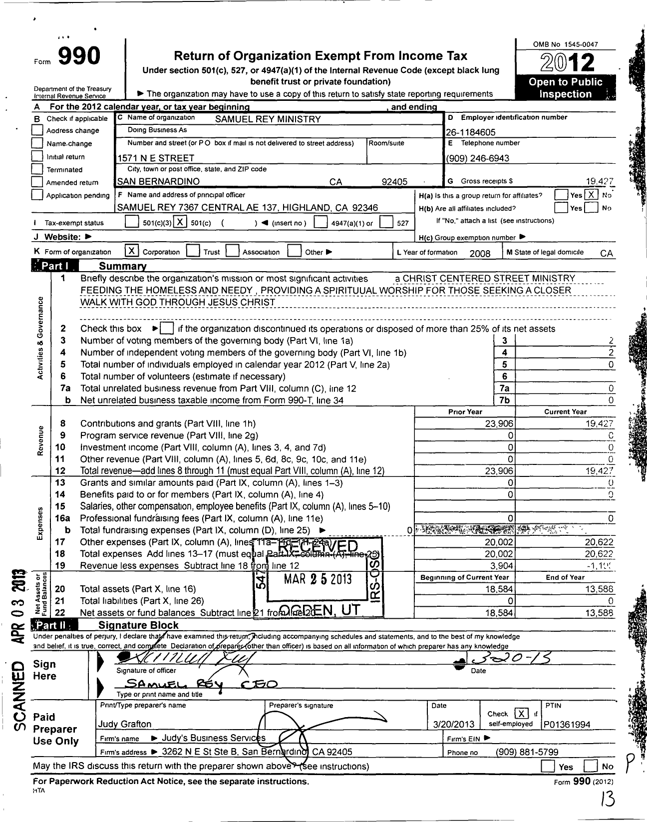 Image of first page of 2012 Form 990O for Samuel Rey Ministry