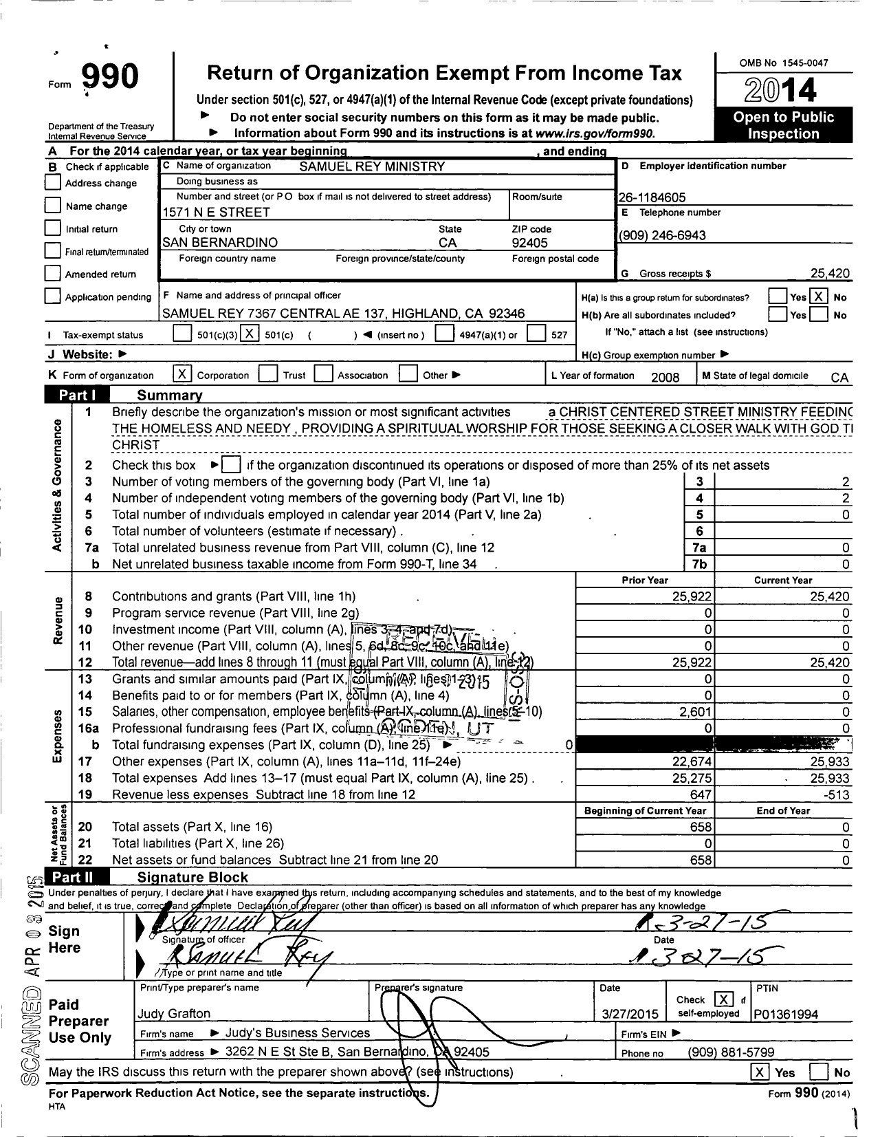 Image of first page of 2014 Form 990O for Samuel Rey Ministry