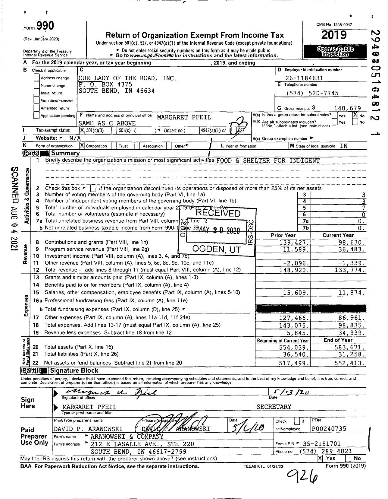 Image of first page of 2019 Form 990 for Our Lady of the Road Incorporated