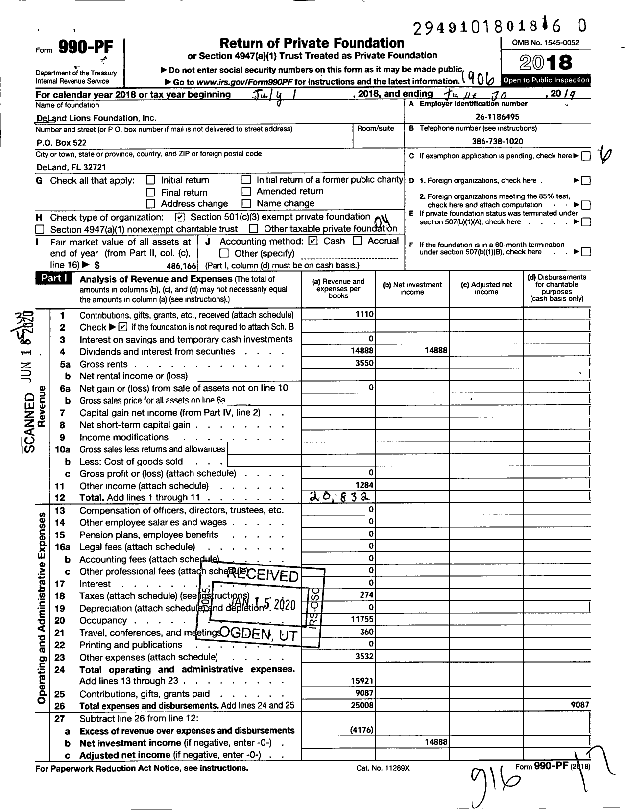 Image of first page of 2018 Form 990PR for The DeLand Lions Foundation