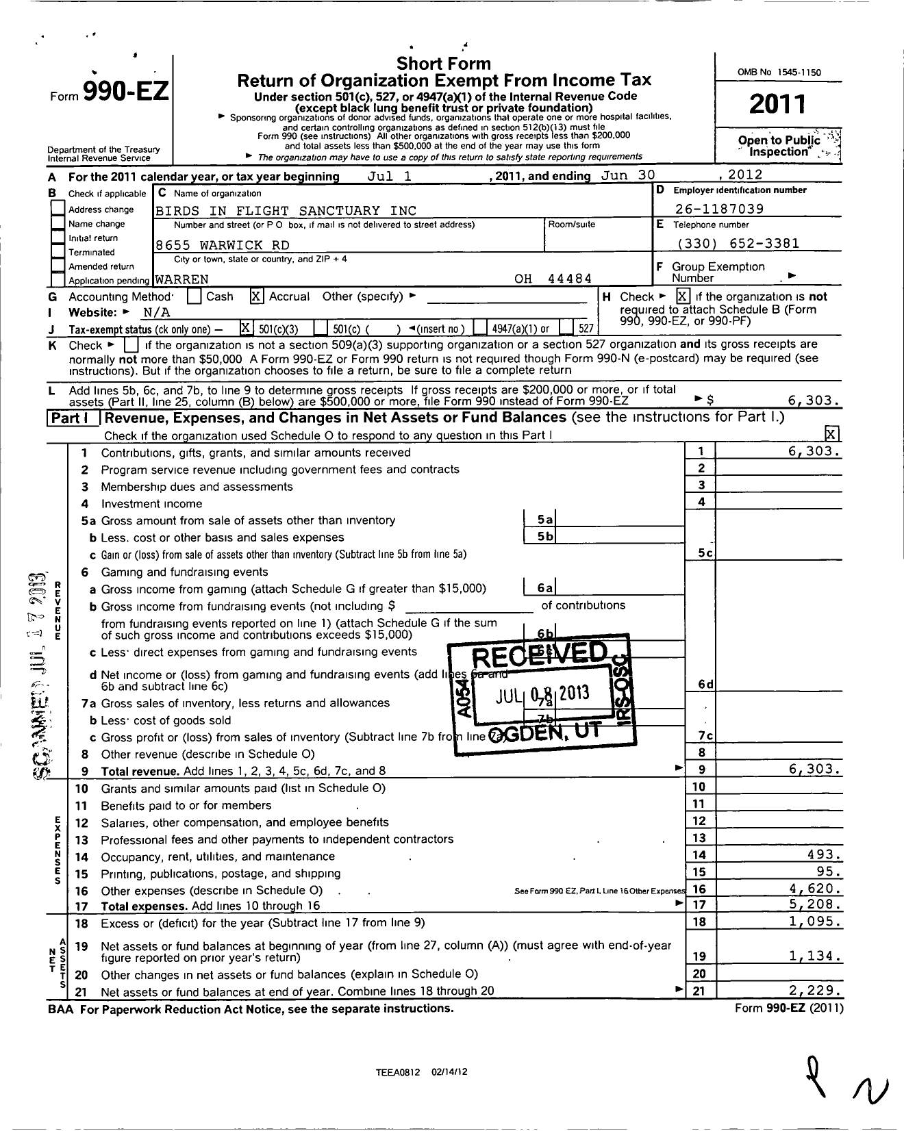 Image of first page of 2011 Form 990EZ for Birds in Flight Sanctuary